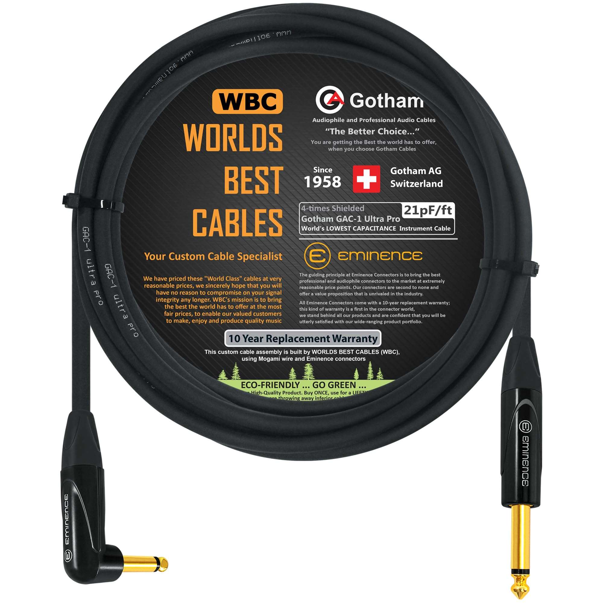 15 Foot - Gotham GAC-1 Ultra Pro - Premium, Low-Capacitance Guitar Bass Instrument Cable - with Straight to Angled 1/4 Inch Eminence Gold Plated Connectors 1