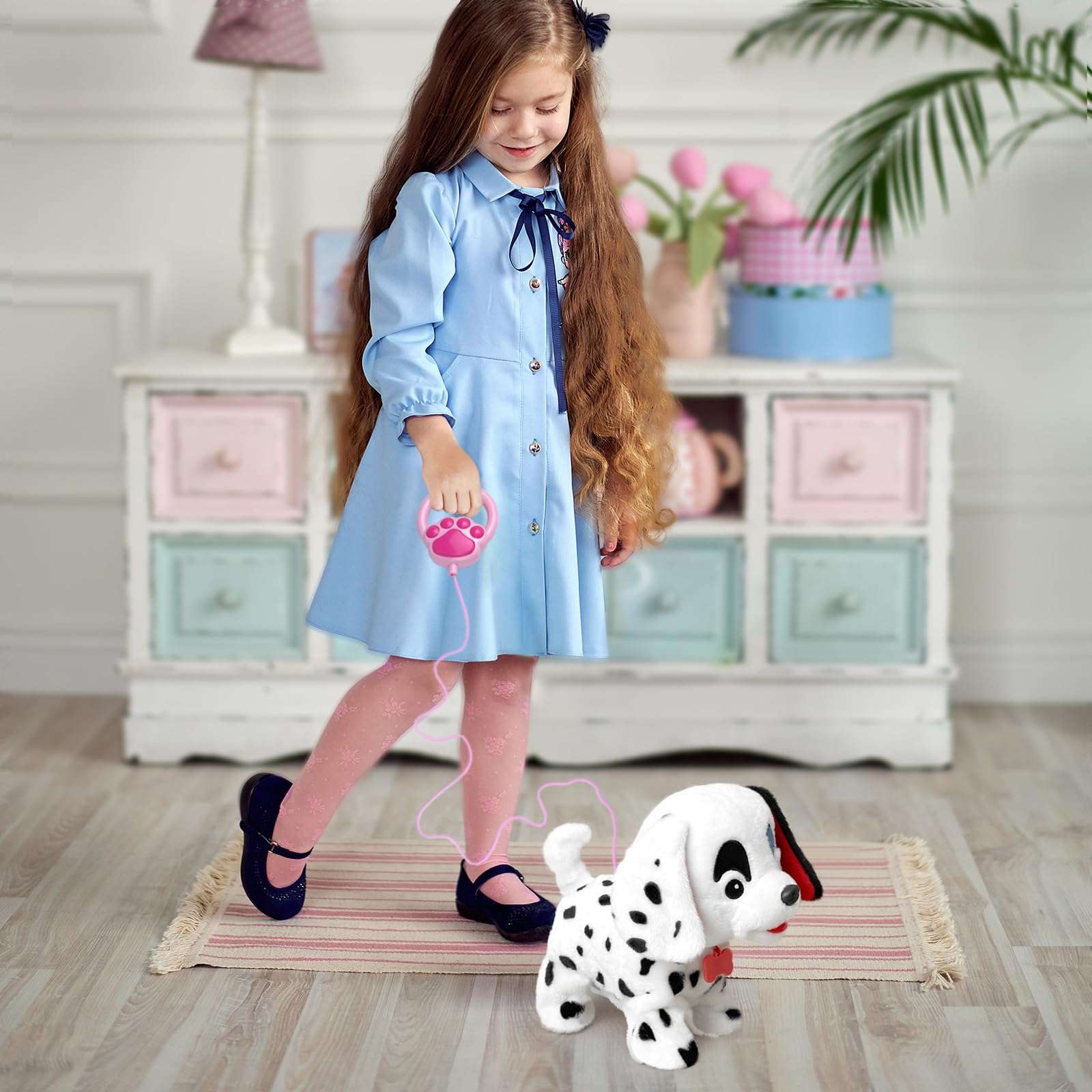 YH YUHUNG Walking Dalmatian Puppy with Remote Control Leash - Realistic Barking, Wagging Tail, and Head Nodding Actions - Interactive Plush Toy Electronic Pet Dog for Kids 6