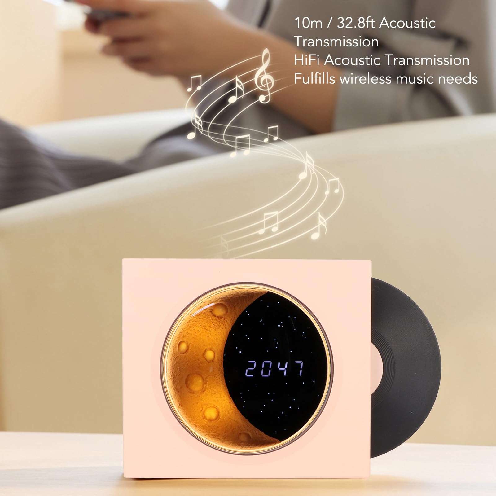 Retro Bluetooth Speaker, Cute Vintage Vinyl Record Player Style with Moon and Starry Night Light, 3 Connection Modes, Type C Cable, Stereo Sound for Desk Bedroom Office Decor(Pink) 4