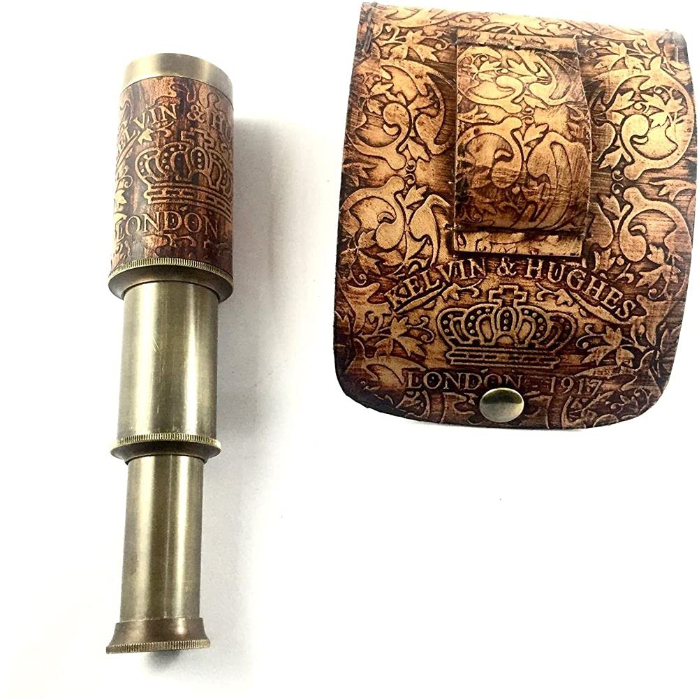 6" Nautical Handheld Pirate Brass Telescope with Anchor on Wooden Box , Sailor Home Decor Toy Gift (6", KELVIN) 5