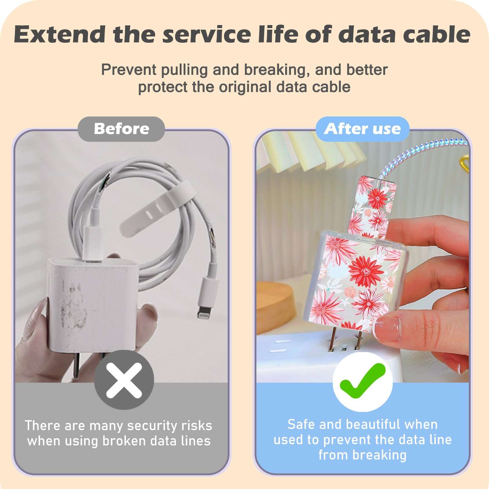 Cute Cable Protector for iPhone Adapter Charger, Red Chrysanthemum Flowers Design, Soft TPU Data Cable USB-C Case Data Line Cord Saver Charger Protective Case for iPhone 11 12 13 14 15 Pro Max 5