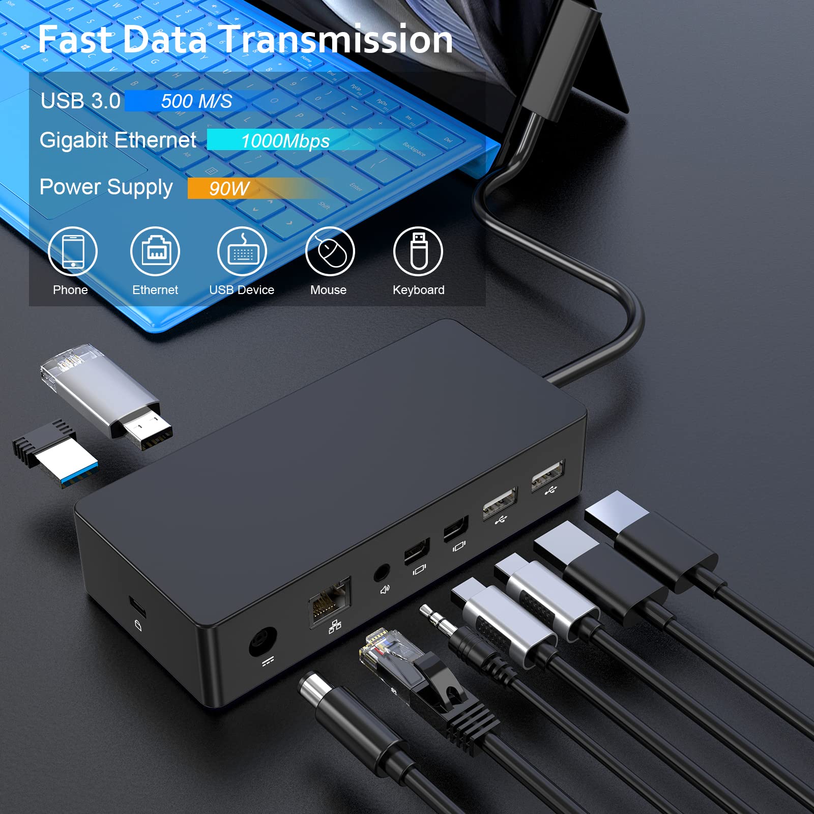 Surface Dock, Surface Pro Docking Station with 90W Power Supply Compatible with Surface Pro11/10/9/ 8/X/7/6/4/3, Surface Laptop 4/3/2/go, Surface Laptop, Surface Book2,Surface Book,Surface Go 3