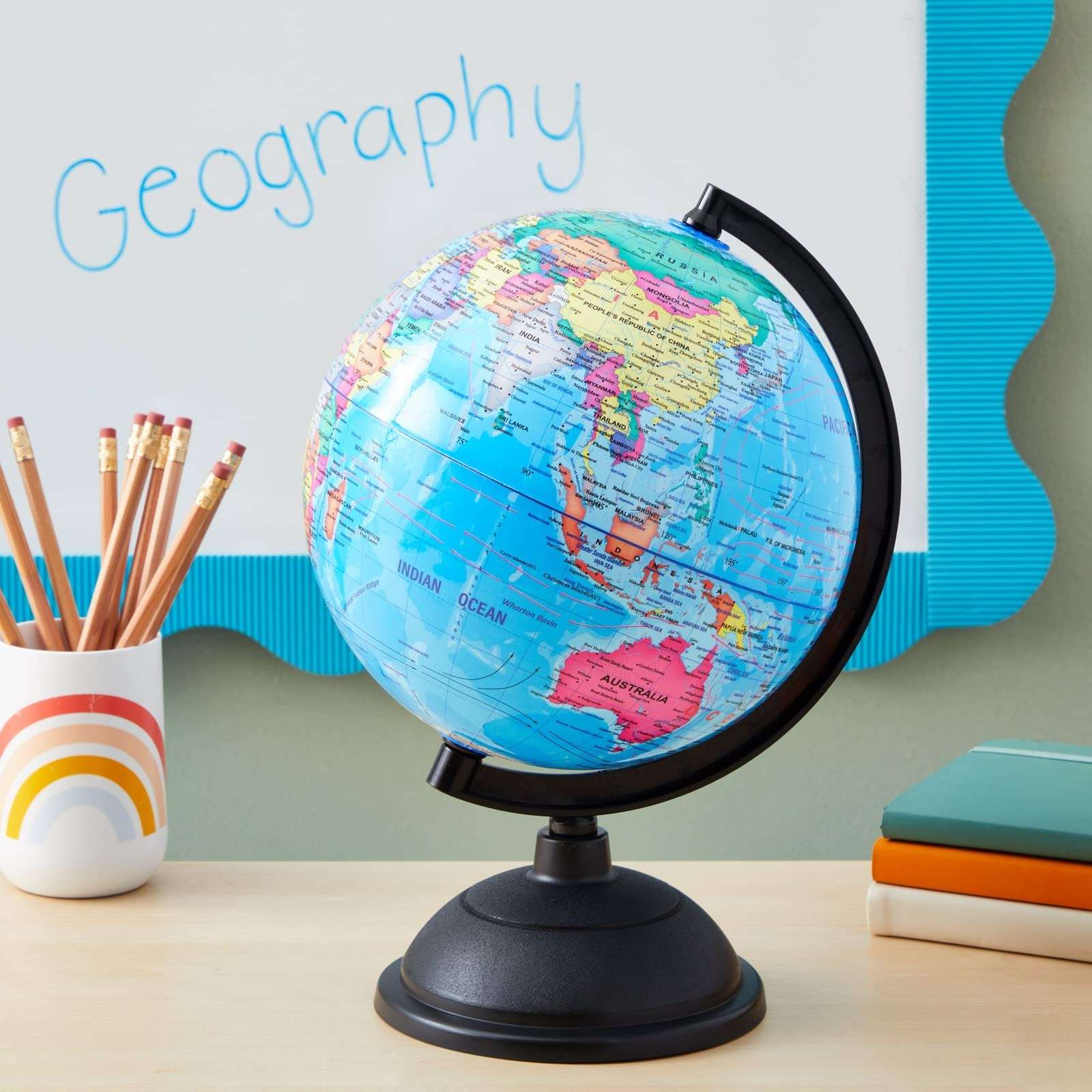 Rotating World Globe with Stand for Kids Learning, 8-inch Spinning Earth Globe for Classroom Geography Education 2