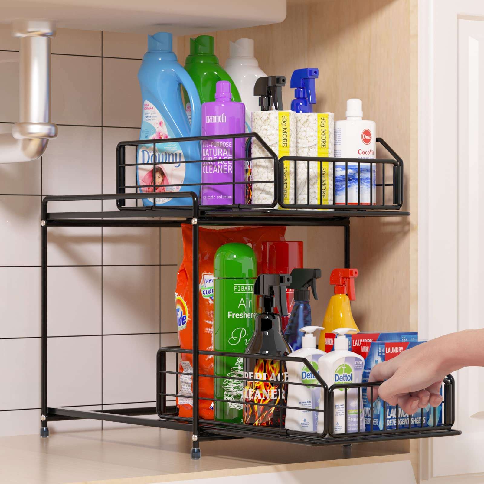 STILLDIO Metal Under Sink Organizer and Storage with 2 Tier Slide Out Wire Baskets Sliding Drawers for Kitchen Bathroom Office Toilet Under Cabinet Shelf Countertop Heavy Duty Collection Space Saver 1