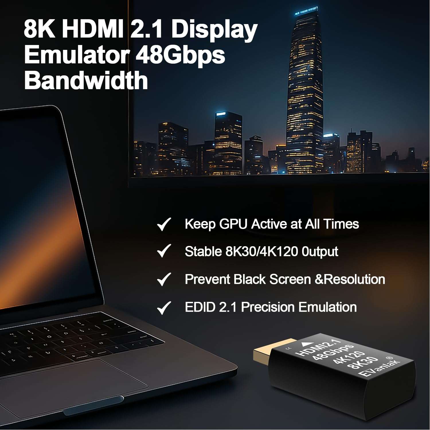 EVanlak 4K 120Hz HDMI 2.1 Dummy Plug EDID Headless Adapter, Virtual Display Emulator for PC, VR & Crypto Mining, Supports 8K@30Hz, 4K@120Hz, Headless Ghost HDMI Dongle – 1 Pack 4