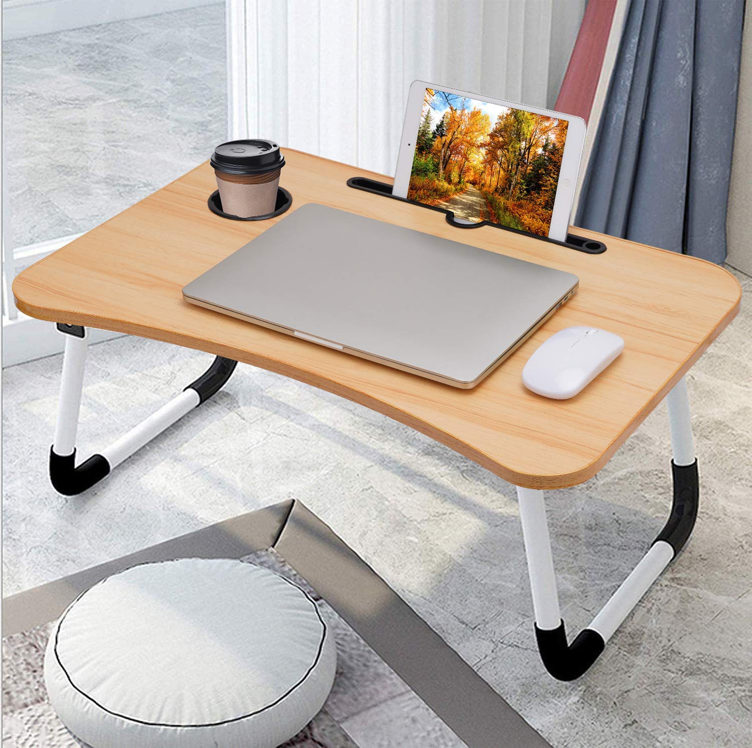 BHAWANI STORE?? Foldable Bed Study Table Portable Multifunction Laptop Table Lapdesk for Children Bed Foldabe Table Work & Cup Holder Bed Study Table with Side Handle - Sandy Brown 2