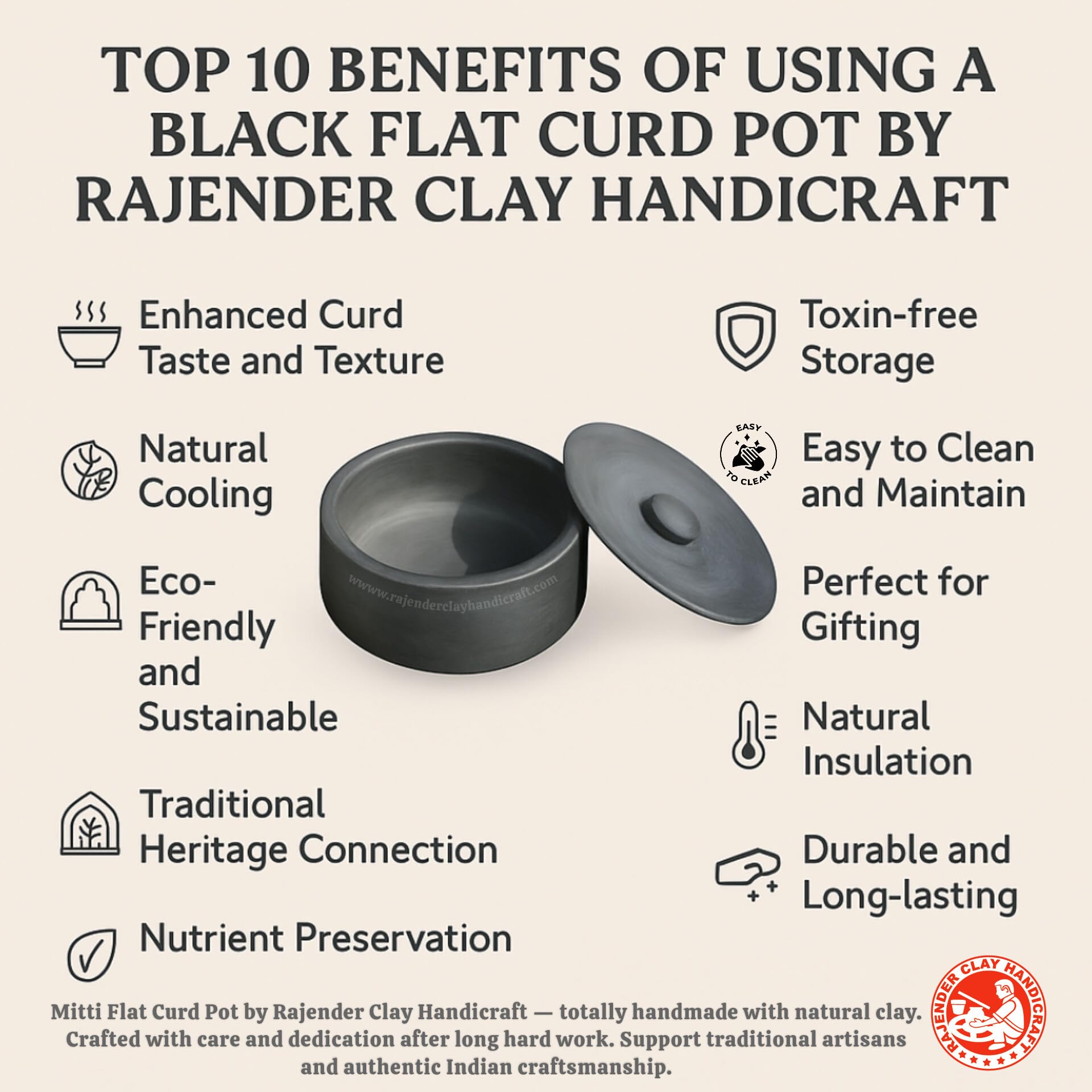 Handmade Black Mitti Flat Curd Pot 2 Liter | Natural Clay Dahi Handi for Thick & Healthy Curd | Eco-Friendly, Non-Toxic Earthenware | Traditional Pot for Fermentation & Yogurt Making 3