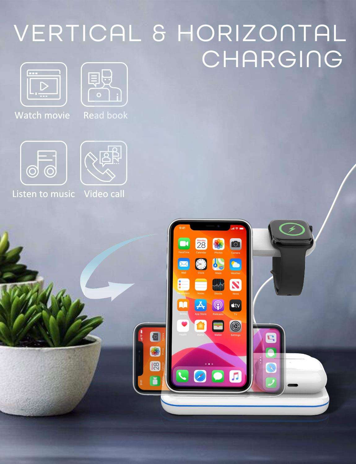 Innens 15W Wireless Charging Station for Apple, 3-in-1 Fast Wireless Charger with Adapter for iPhone 12/11 Pro Max/Xs Max/XS/XR, Apple Watch 6/5/4/3/2/1, Airpods 1 2 3 Pro 6