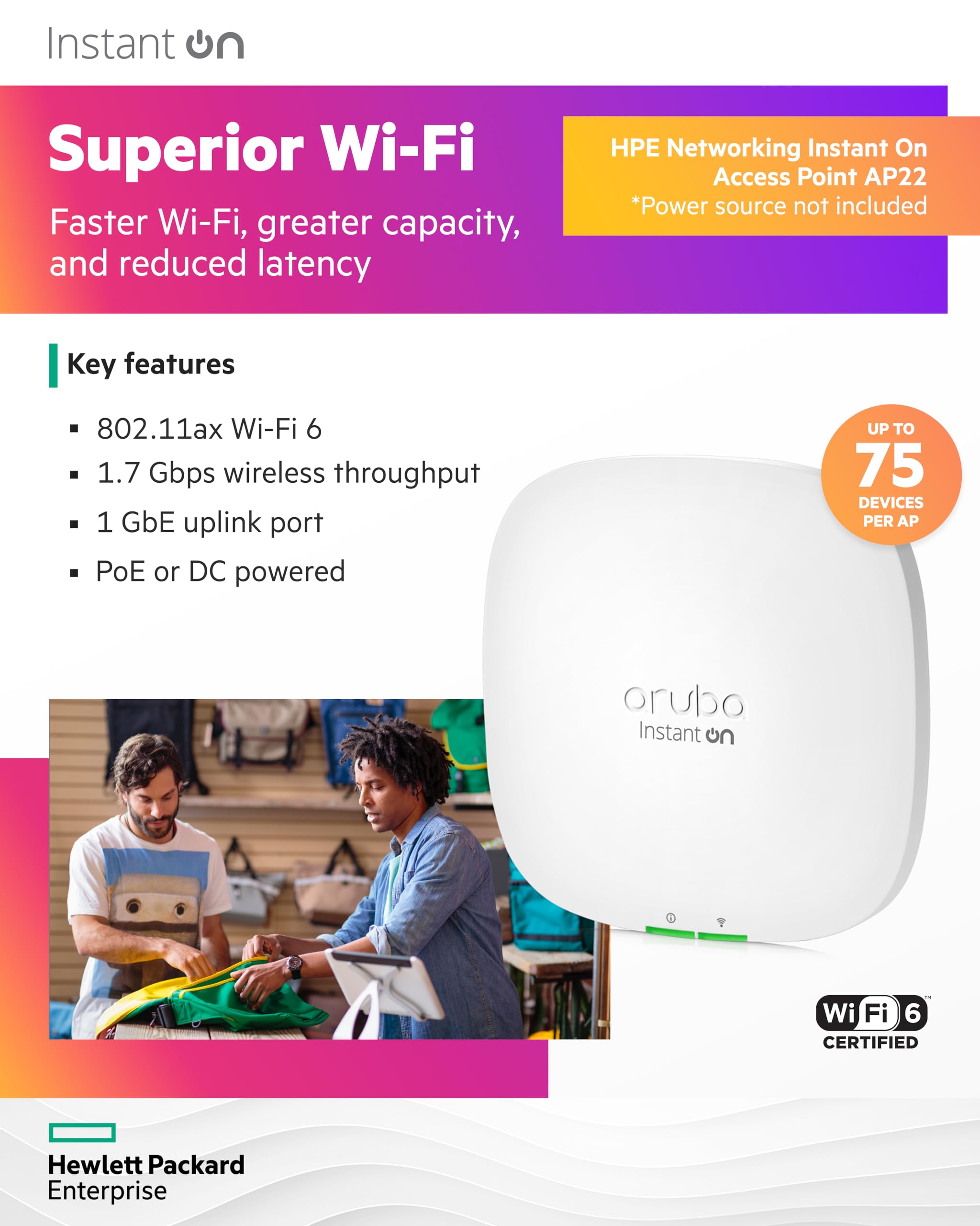 HPE Networking Instant On AP22 WiFi 6 AP & PoE Injector Bundle | AP22 (R4W01A) & PoE Injector (R8W31A) | US Model 3
