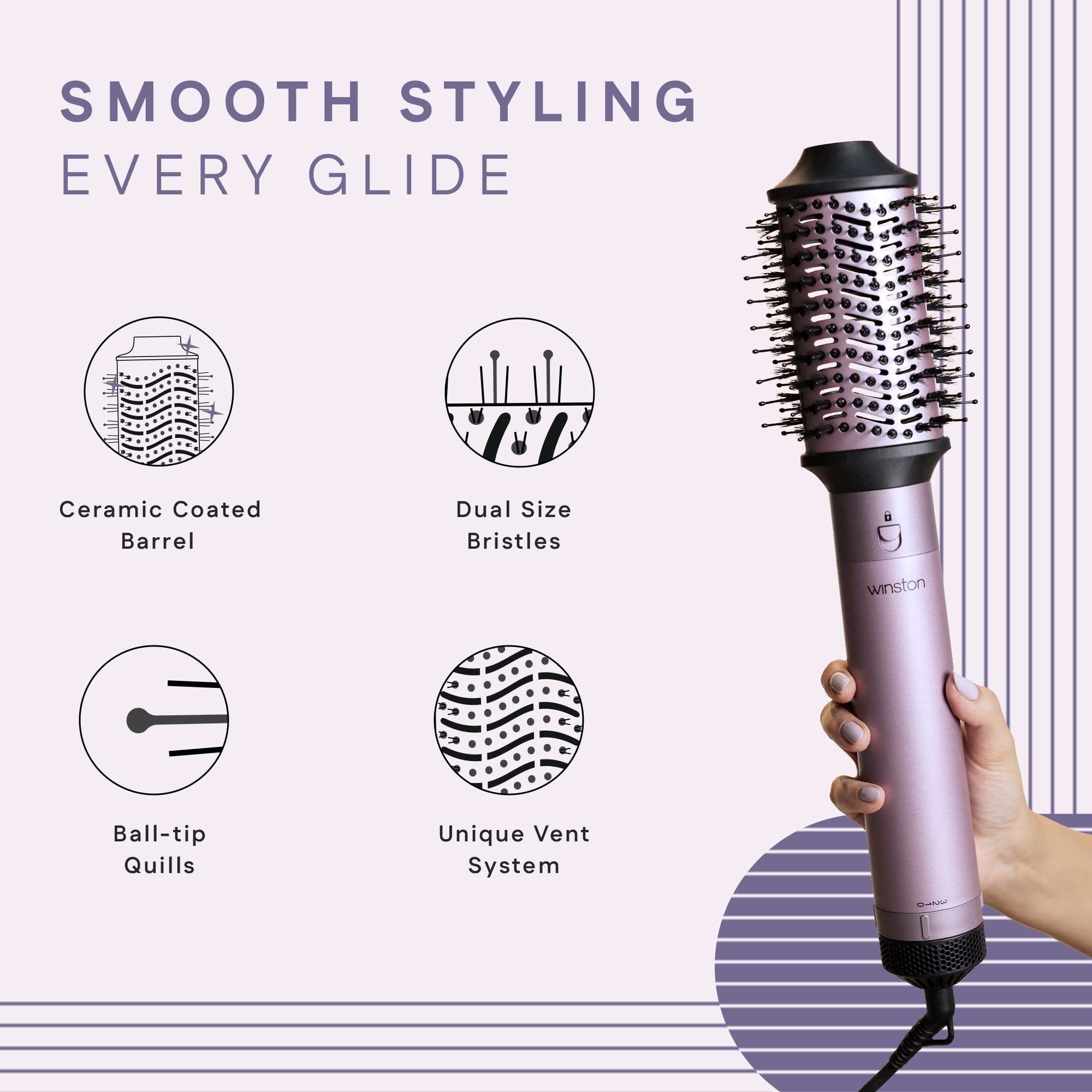 Winston 5-in-1 Hair Styling Blow Brush for Women - 1200W | Air Brush with Auto Wrap Curler, Hair Dryer, Straightening Brush & Curl Enhancer Suitable for All Hair Types (Purple) (Purple) 5