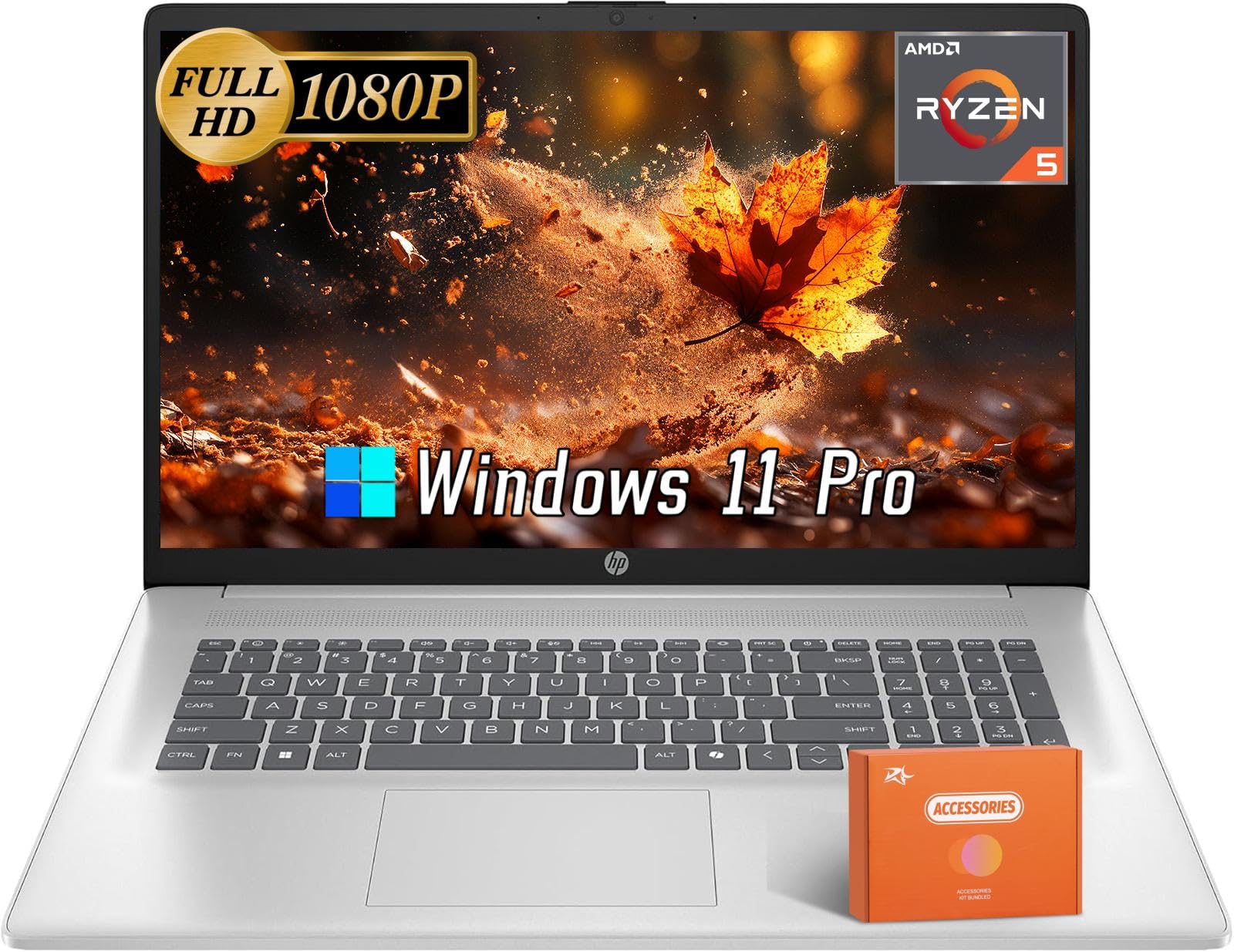 HP 17 inch Laptop, Microsoft Office Lifetime License & Windows 11 Pro, 17.3" FHD Display, AMD Ryzen 5 7430U, 32 GB RAM, 2 TB SSD, AMD Radeon Graphics, Anti-Glare,Wi-Fi 6, w/Accessories 1