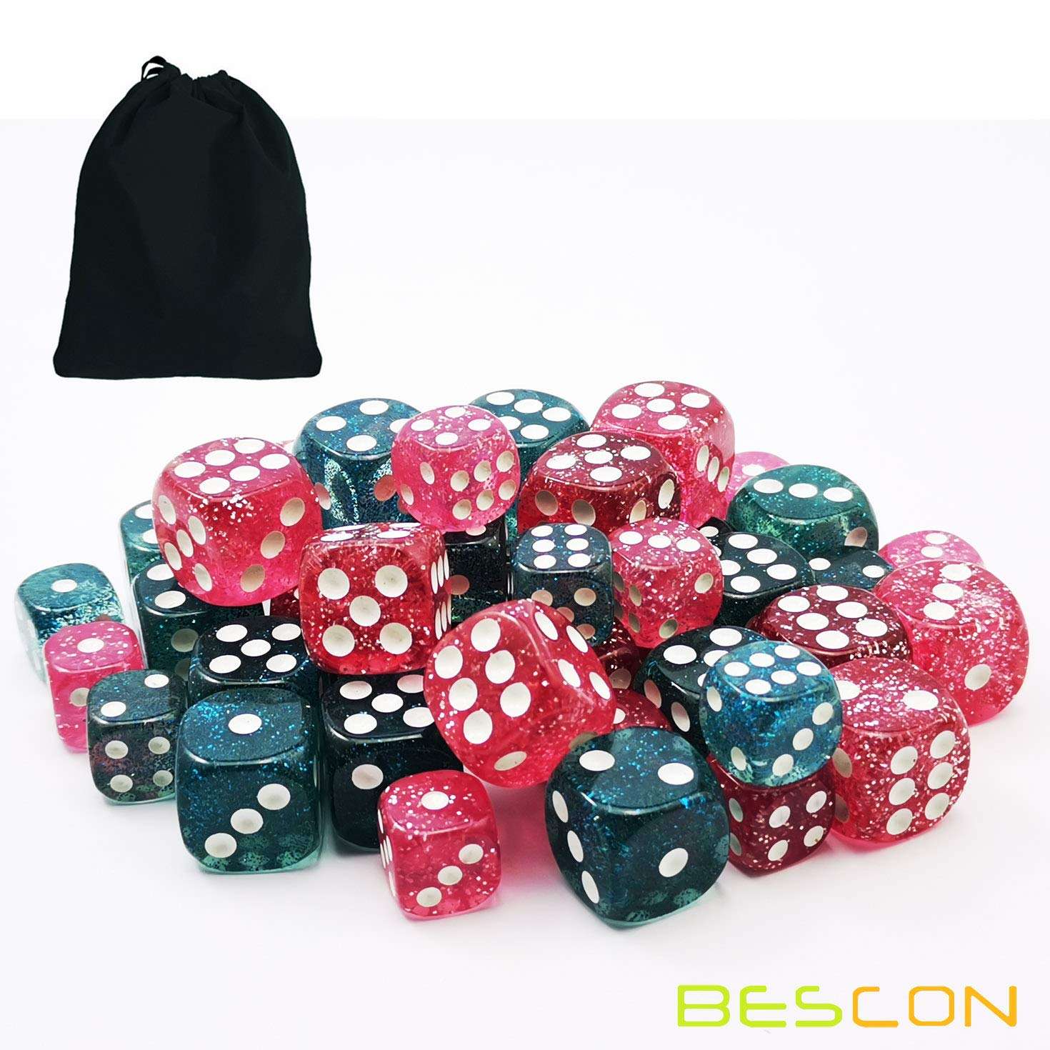 Bescon Ethereal Glitter Dice D6 16MM&12MM 48pcs Set, Game Dice Glitter Rose and Teal in 12MM&16MM Each 12pcs 2