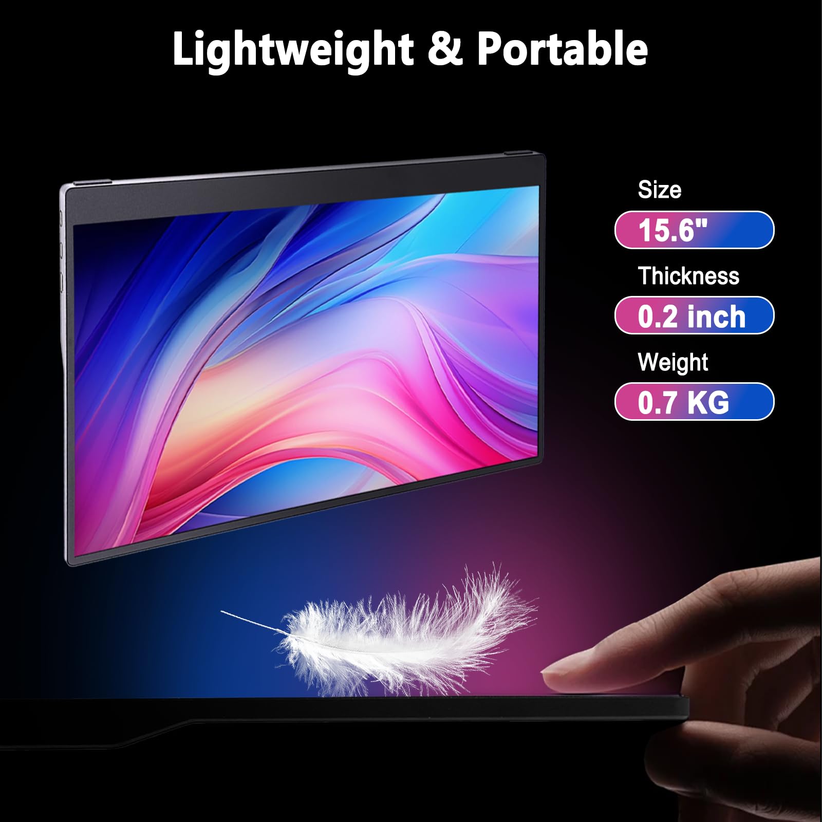 15.6-inch portable laptop monitor, FHD 1920 * 1080 resolution, equipped with USB Type-C and HDMI interfaces, supports HDR, metal shell design with smart cover, built-in speakers (Portable Monitor+3ft) 3