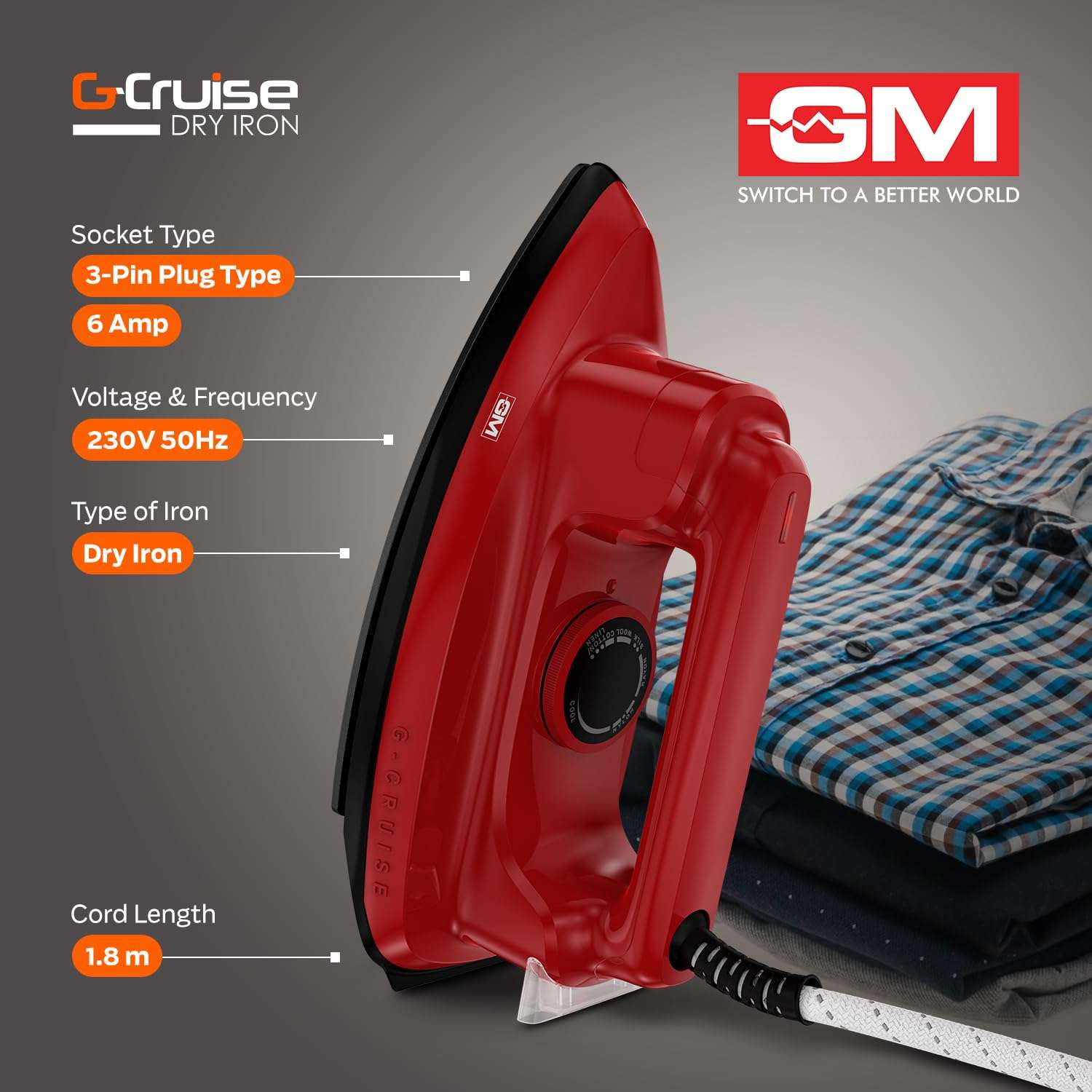GM G-Cruise 1000 Watt Dry Iron Press with Dual Layer German Technology Non-Stick Coating | Thermostat Control to Easily Iron All Type of Clothes | 360° Swivel Cord - Red 5