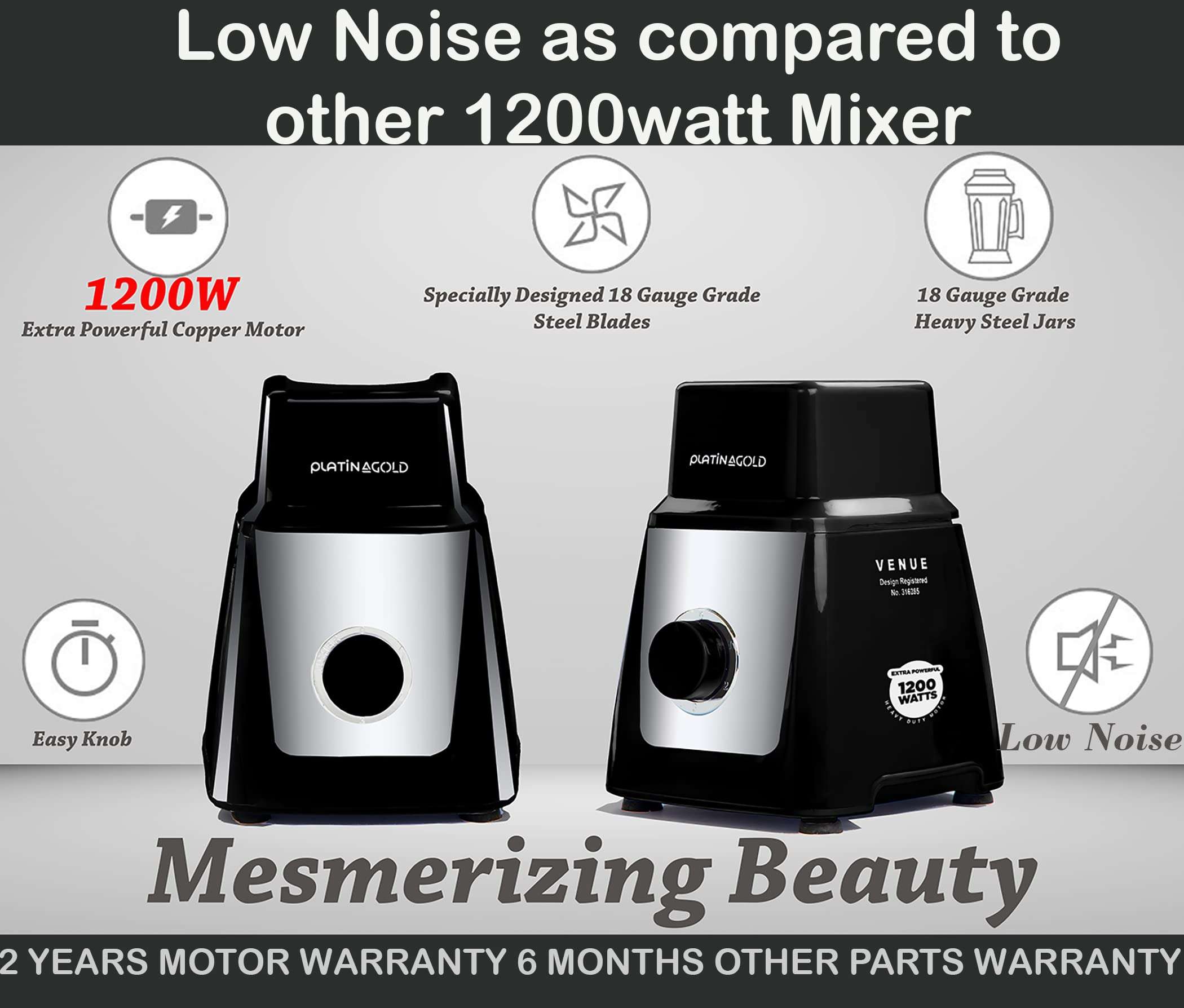 Platinagold Silent Mixer Grinder 1000 + watt series 1200 watt Heavy Duty Copper Motor (Designed for Heavy Household Use) (Mixer Grinder 1200 watt with 3 Jars Black) 3