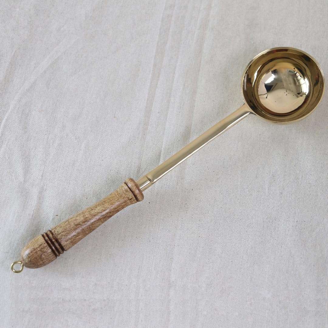 Kitchen 101 Brass Karchi Set | 14 Inch | Pack of 3 | Serving | Ladle | Skimmer | Rice Spoon | Turner (Palta) | Cookware | for Cooking | Serving Spoon with Wooden Handle | Scoop | Pital Ki Karchi | 5