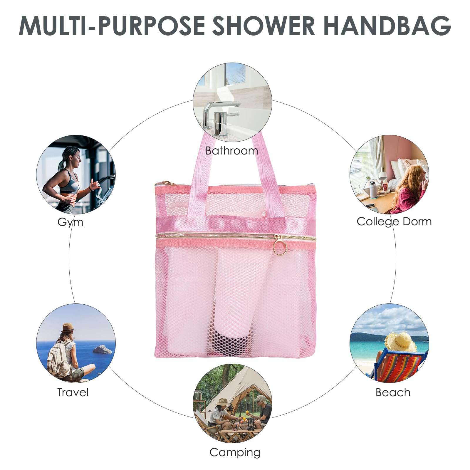 DODAMOUR 2 Packs Mesh Shower Caddy, Portable Shower Tote Bag for College Dorm, Travel Hanging Toiletry Bath Organizer with Zipper (Pink) 3