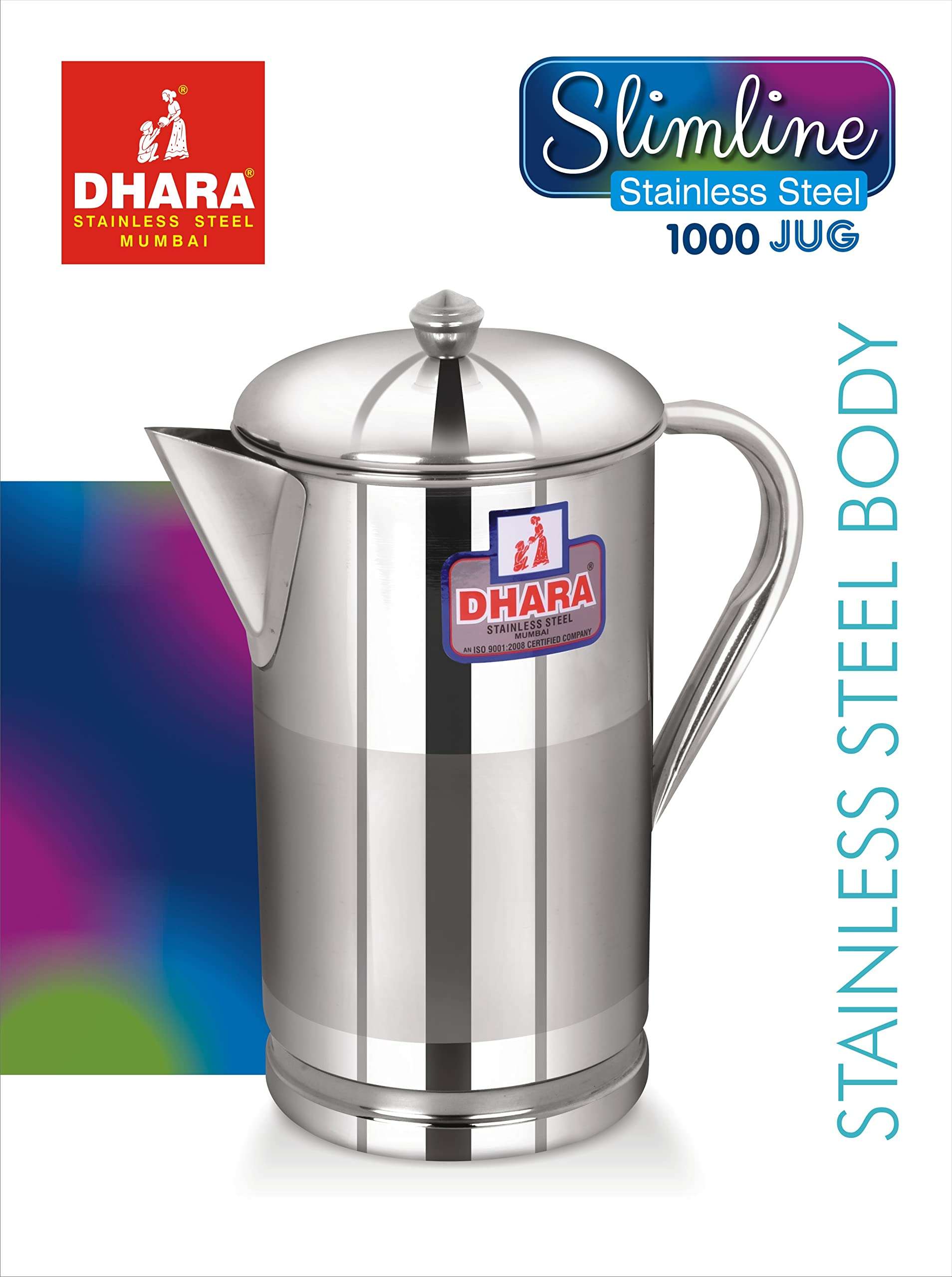 Dhara Stainless Steel 1L Water Jug with Lid, Slim Steel Jug for Dining Table Water Serving, Leakproof, Rust Resistant Easy Pour Slimline Pitcher 3