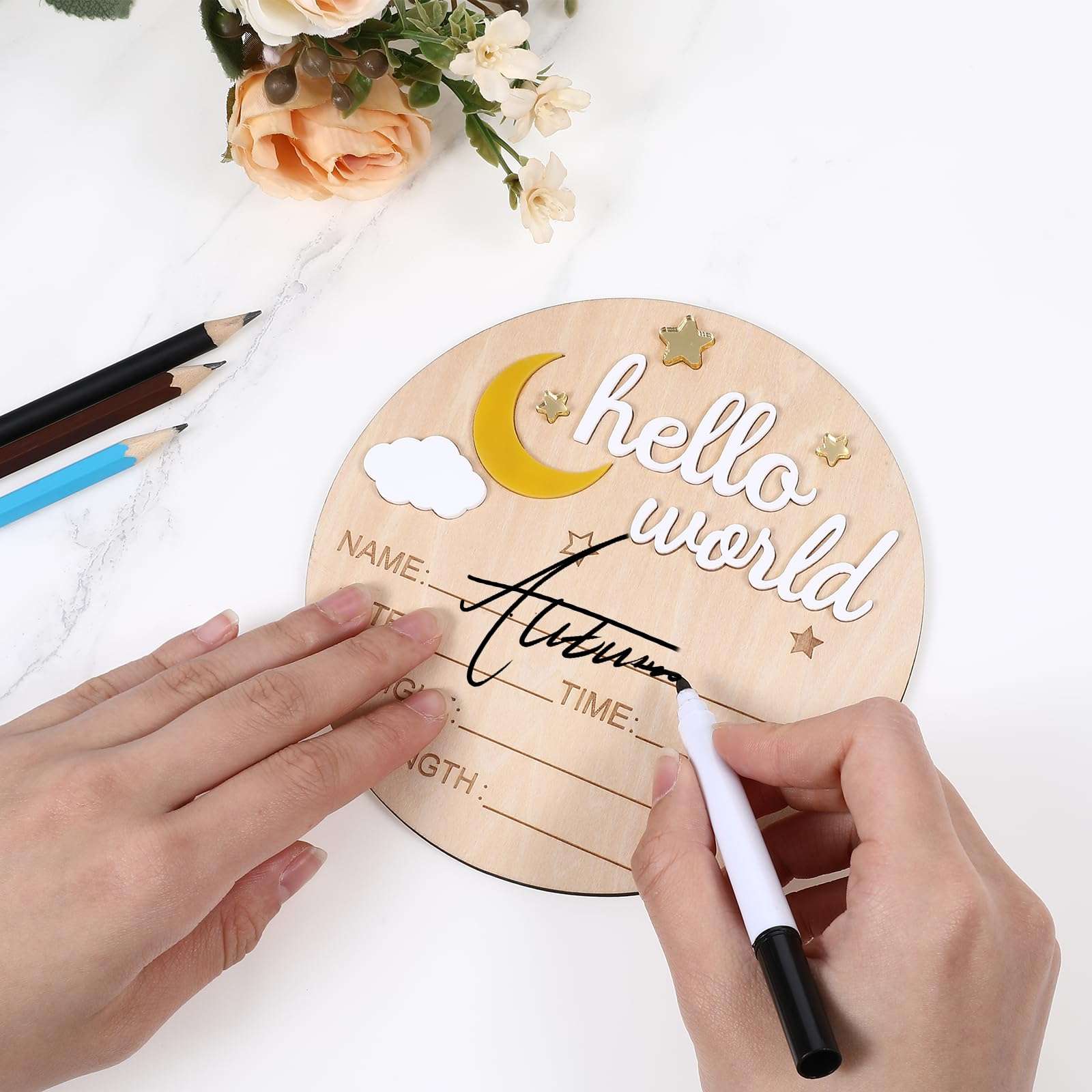 Lusofie Baby Announcement Sign Wooden Star and Moon Welcome Baby Sign Birth Announcement Sign for Hospital Home Decoration 5