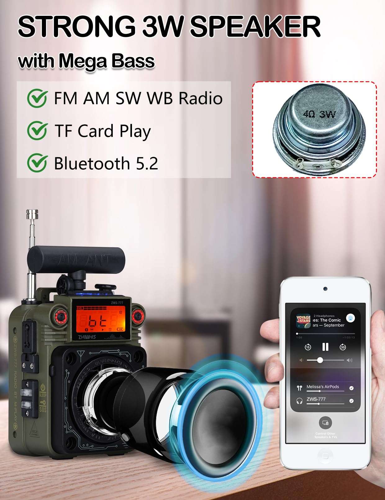 ZHIWHIS AM FM Shortwave Radio with Bluetooth and NOAA Alert, Small Rechargeable Radios with APP Control, Bass, SOS Alarm, Preset, T-Type Antenna, Emergency w/ 9.9 Ft Wire Antenna for Camping ZWS-777 6