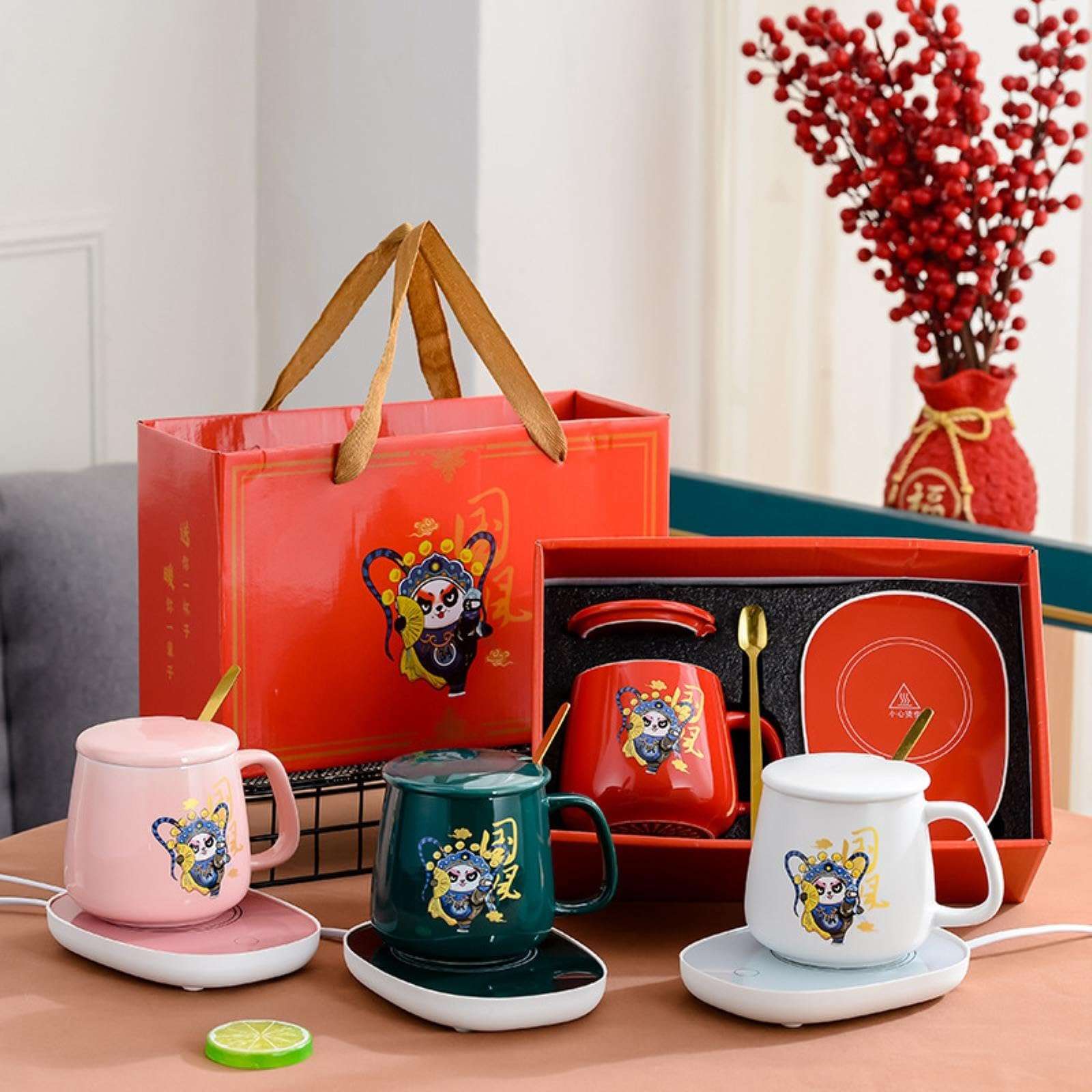 CAPIJIONG 380ml Personalised Tiger Panda Creative 55 Degree Thermostatic cup with Gift Box Ceramic cup Office Coffee Mugs Suitable for office home restaurant-Panda Red Thermostat Mug + Mat,380ml 4