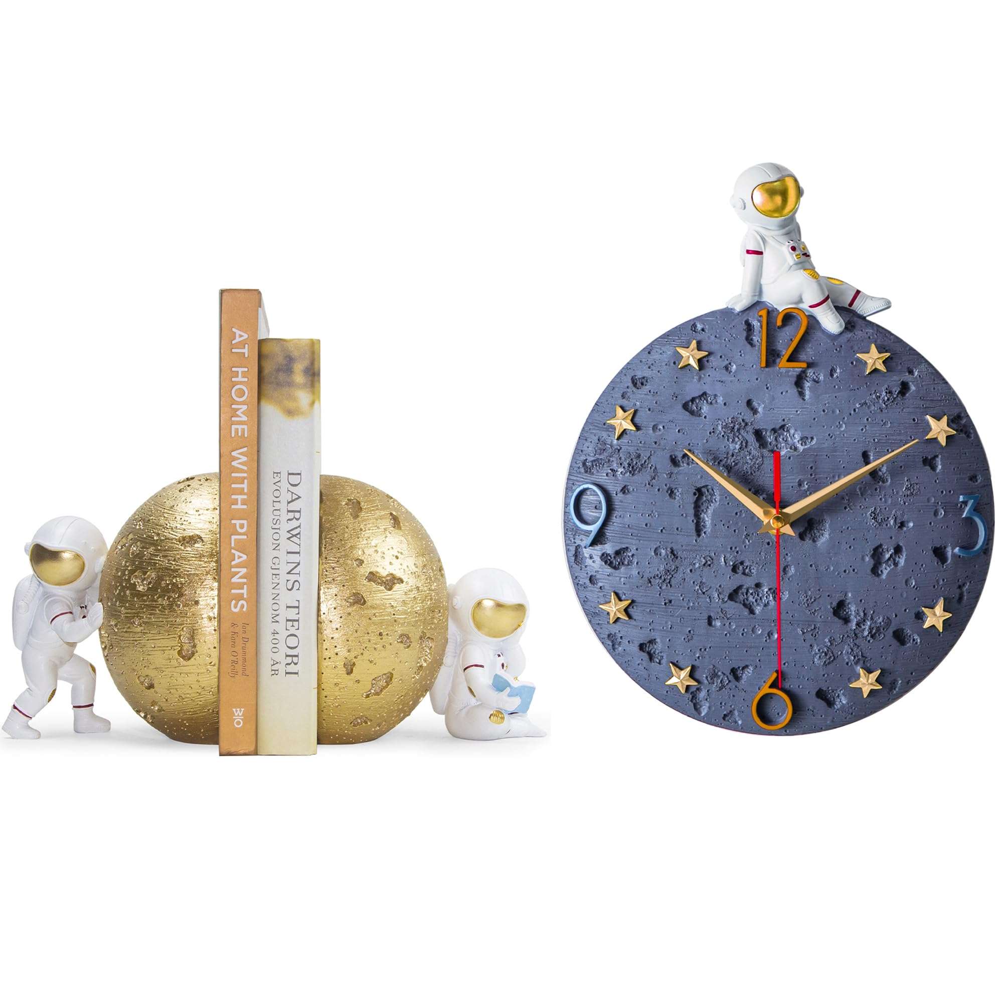 Space Theme Gold Bookends and Gray Clock Bundle - Astronaut Decor for Kids Room 1