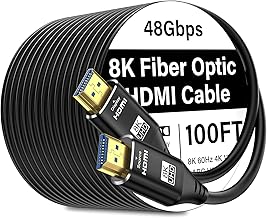 8K HDMI Cable Fiber-Optic 100FT Uni-Directional Home Theater/Game/Office Meeting Aluminium Shell High Speed, 48Gbps, Cord 8K60Hz 4K120Hz eARC HDCP 2.2&2.3 Slim -Black