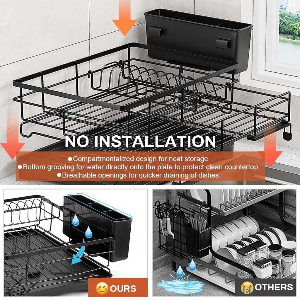 HASTHIP® Cotton Dish Drying Wire Countertop Rack for Kitchen Counter - Large Dish Rack with Drainboard, Rustproof Dish Drainer for Organized Dishwashing Zone 6