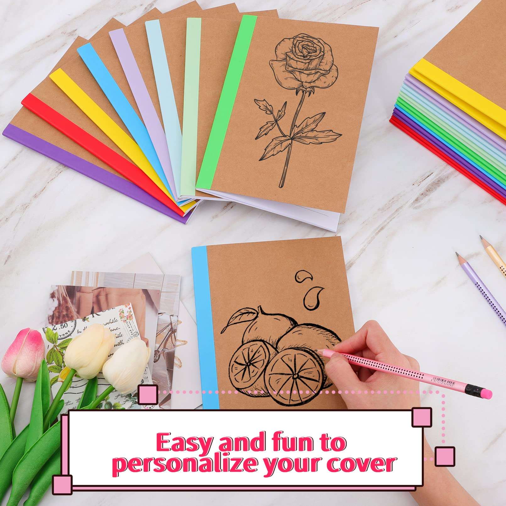 Yihurlm 24 Pack Composition Notebooks Bulk,A5 Kraft Notebooks 60 Pages,Lined Pages Travel Journals with Rainbow Spines,Composition Notebook Wide Ruled for School Office Home,8.3 X 5.5 in, 8 Colors 5