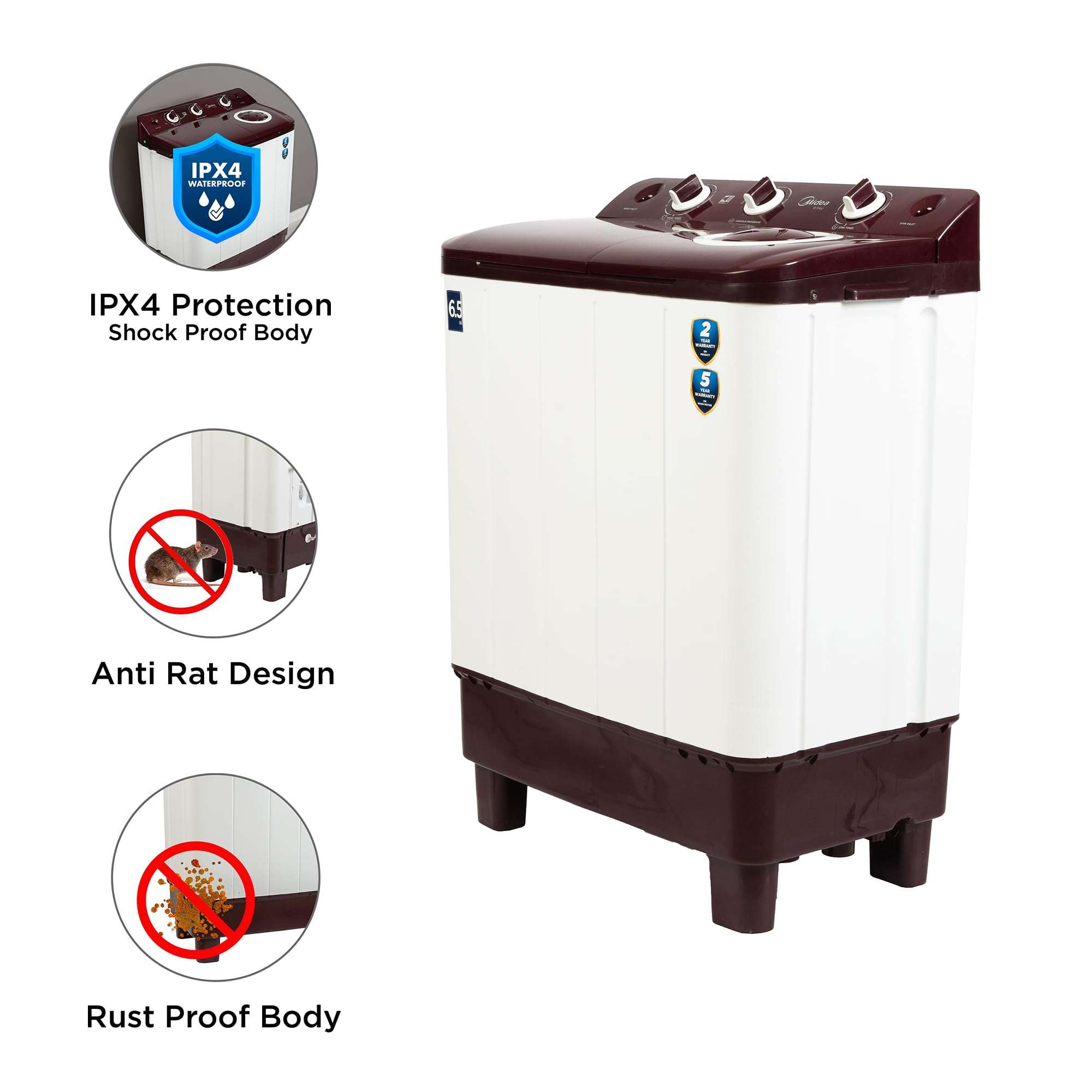 Midea 6.5 KG Semi Automatic Top Loading Washing Machine Appliance, Rust proof Body, Air Dry Function with 1350 RPM (MWMSA065PCH, Maroon White) 5