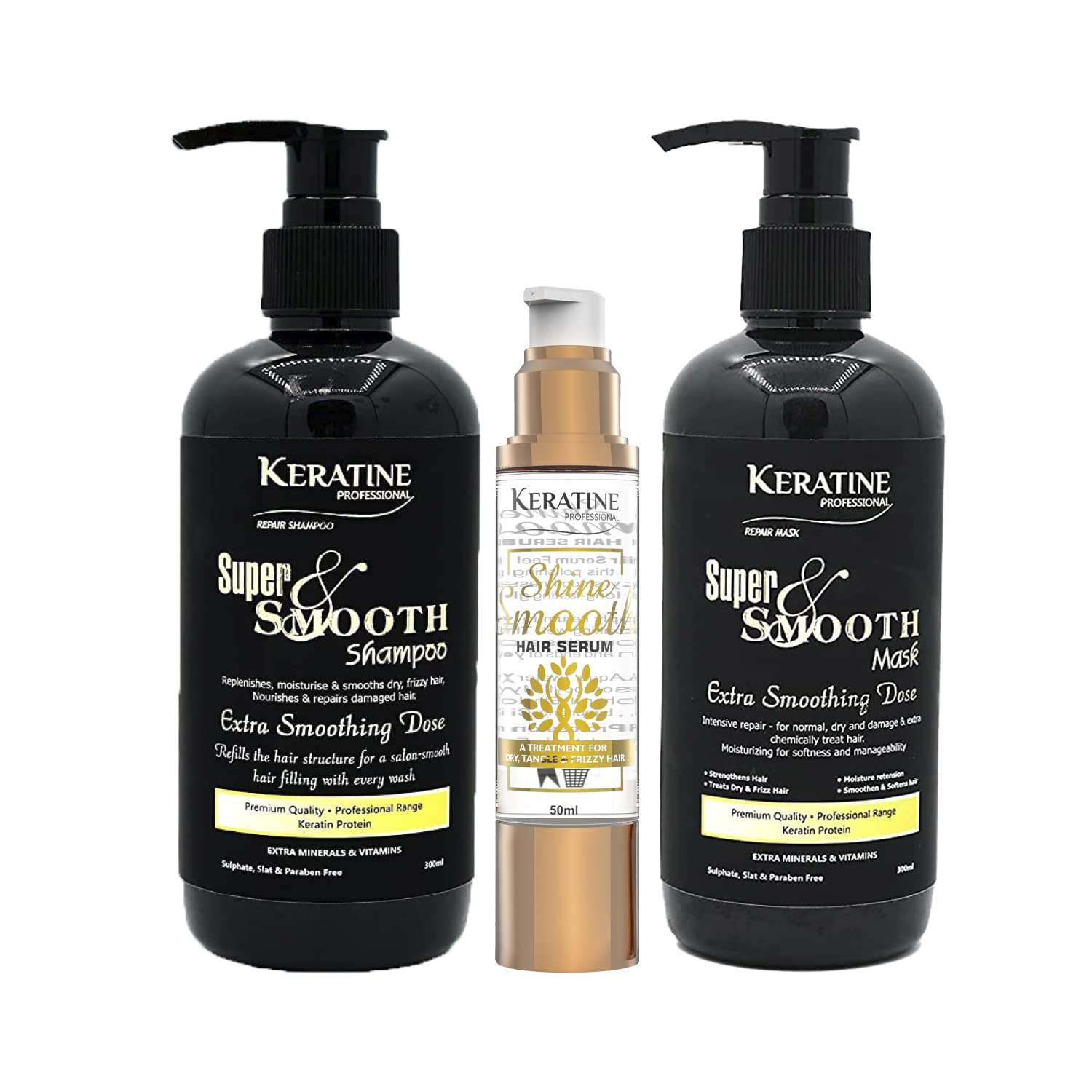 KERATINE PROFESSIONAL Keratin Super Smooth Repair Hair Shampoo, Mask (300 ml) & (50ml) Serum | Infused with Keratin, Collagen & Argon Oil | for Dry Damaged & Color Treated Hair | Made in India 1