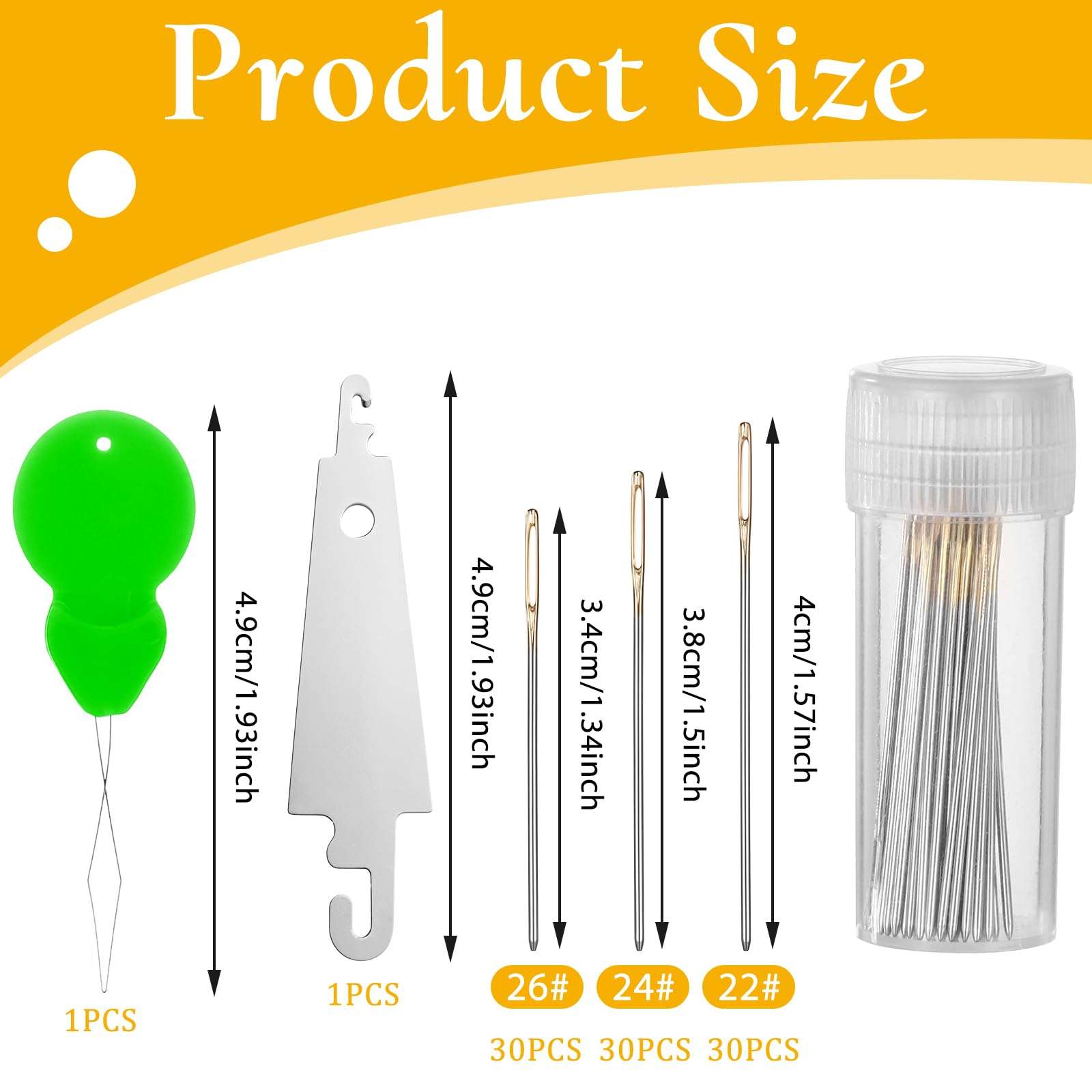 90 Pieces Cross Stitch Needles 22 & 24 & 26 Gauge Golden Large Eye Embroidery Hand Sewing Needles Stainless Steel Embroidery Needles in Clear Box with 2 Needle Threader 3