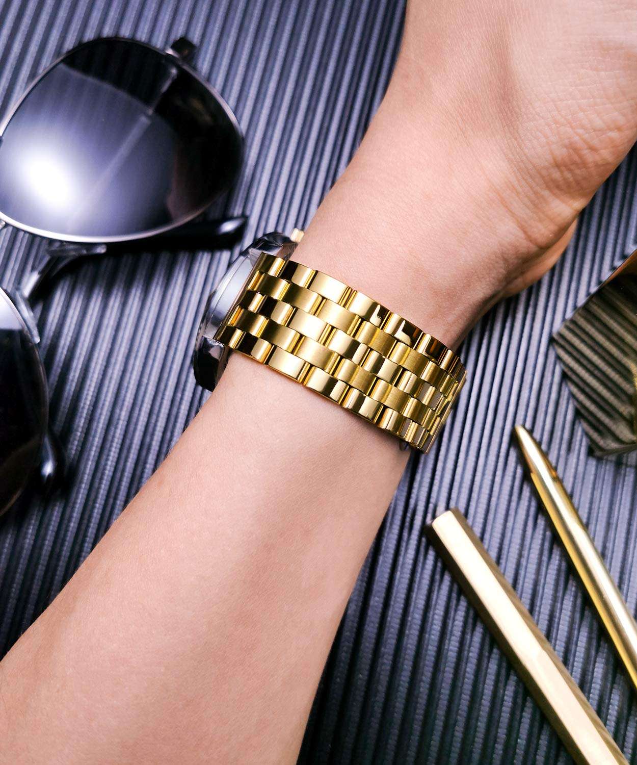 BINLUN Stainless Steel Watch Band Metal Watch Straps Replacement Watchband for Men and Women with Curved and Straight End (18MM, Gold) 6