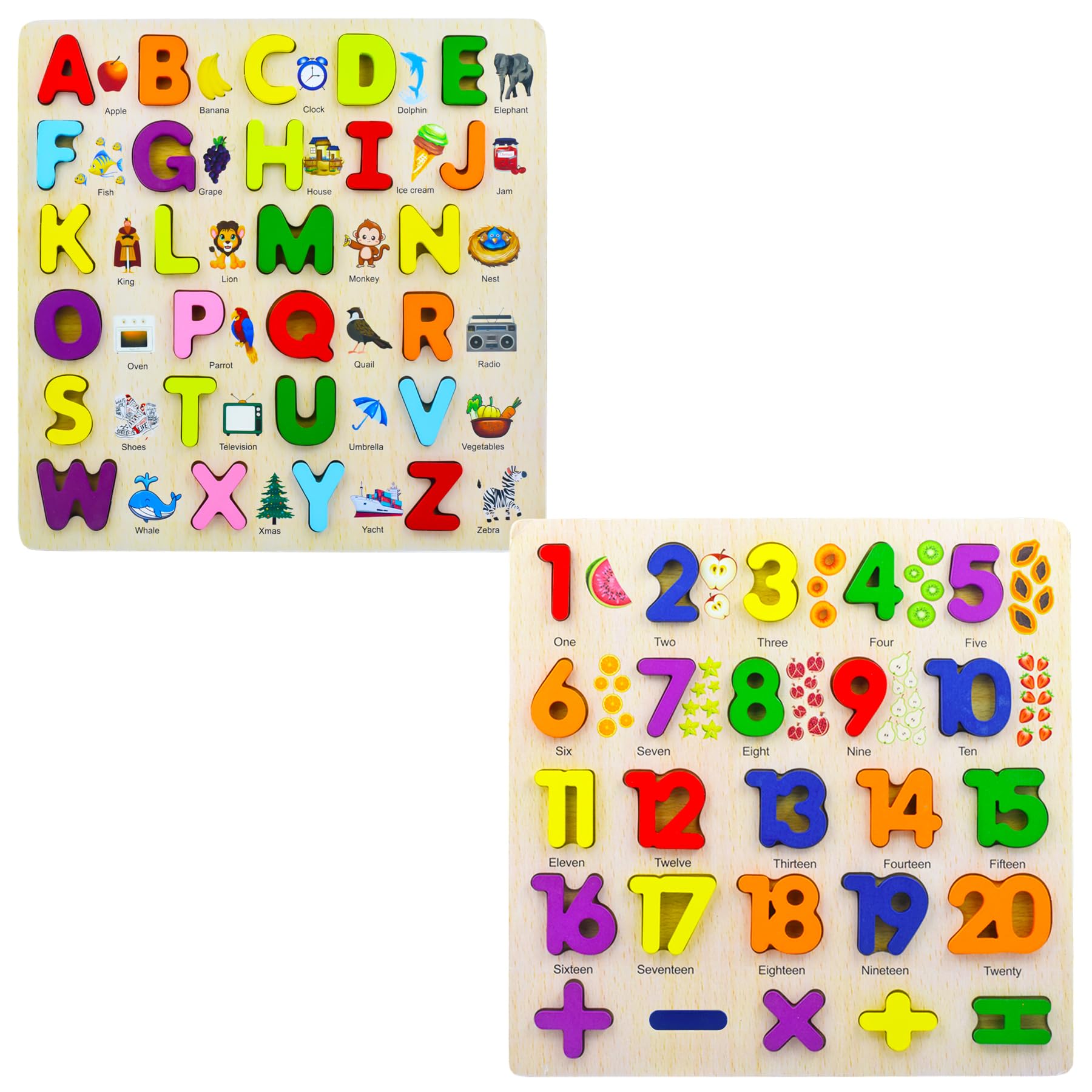 WISHKEY 3D Wooden Capital Alphabet & Number Board Puzzles with Pictures,Set of 2 Montessori Educational Learning Letters Toy for Pre Schooler Kids Boys & Girls(Pack of 2, Multicolor) 1