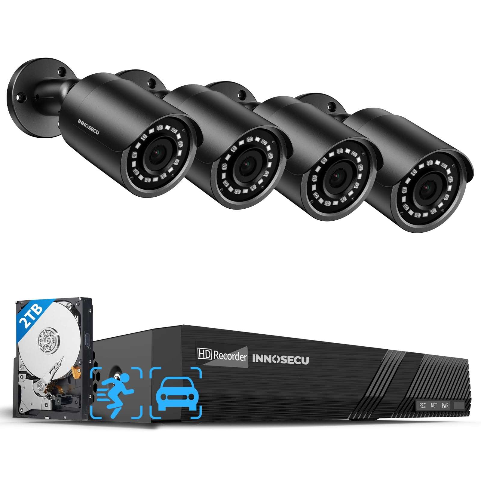 INNOSECU 4MP Outdoor IP Security Cameras (4× INB4FR37F-B) Bundled with an 8CH PoE NVR with 2TB HDD (IN-NVR8P2TC) Form a Plug-and-Play PoE Camera Security System Featuring AI Detection 1