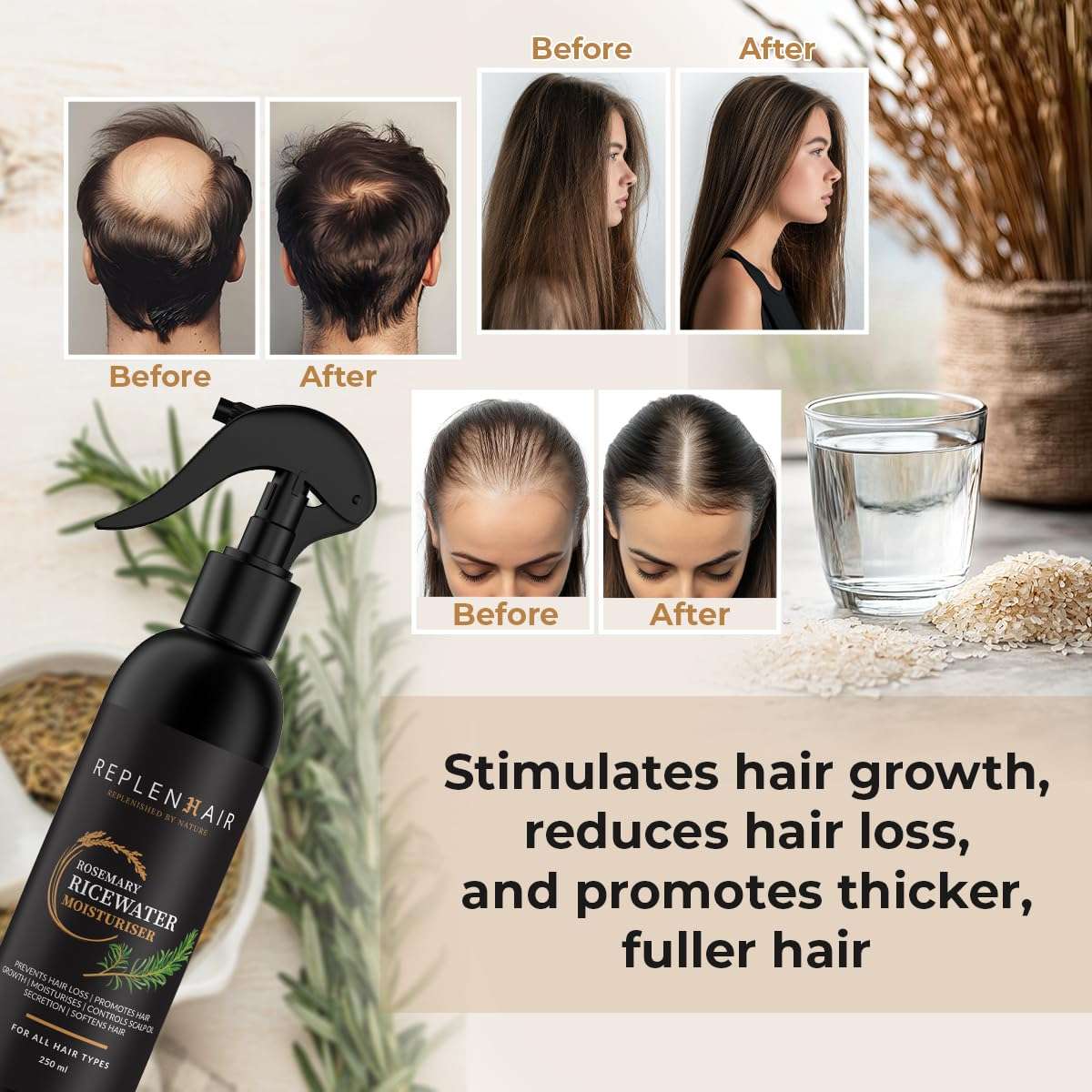 Replenhair Rice and Rosemary Water Spray for Hair Growth | Serum and Leave-in Conditioner with Rosemary Oil & Fermented Rice Water for Hair Growth | Detangler & Scalp Toner for Thicker, Stronger Hair 5