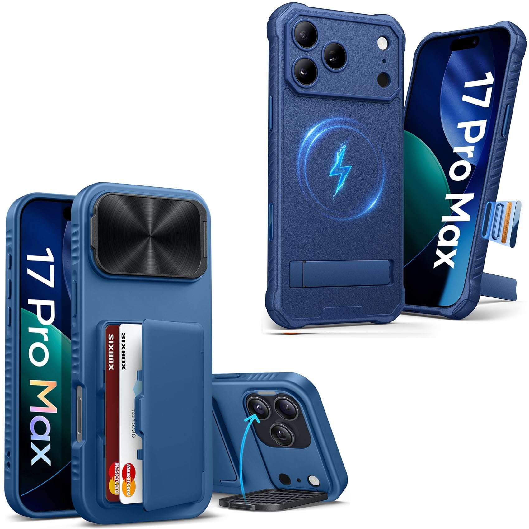 SIXBOX for iPhone 17 Pro Max Case with Card Holder, Built-in Stand & Camera Lens Cover, [Military Grade Drop Tested] Rugged Protective Phone Cover Case for 17 Pro Max 2025, Blue 1