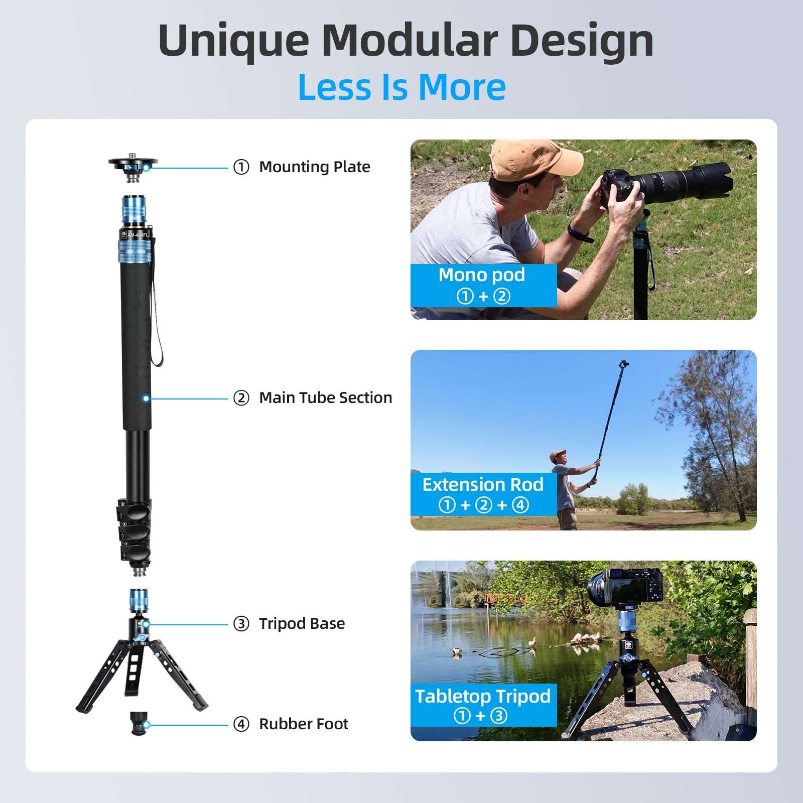 SIRUI AM-404FL Camera Monopod with Feet, 74.8 Inch Aluminum Video Monopod with Removable Base, Slim and Lightweight, Max Load 26.4lbs, 360°Panorama Panning, 4-Section for Canon Nikon Sony 4