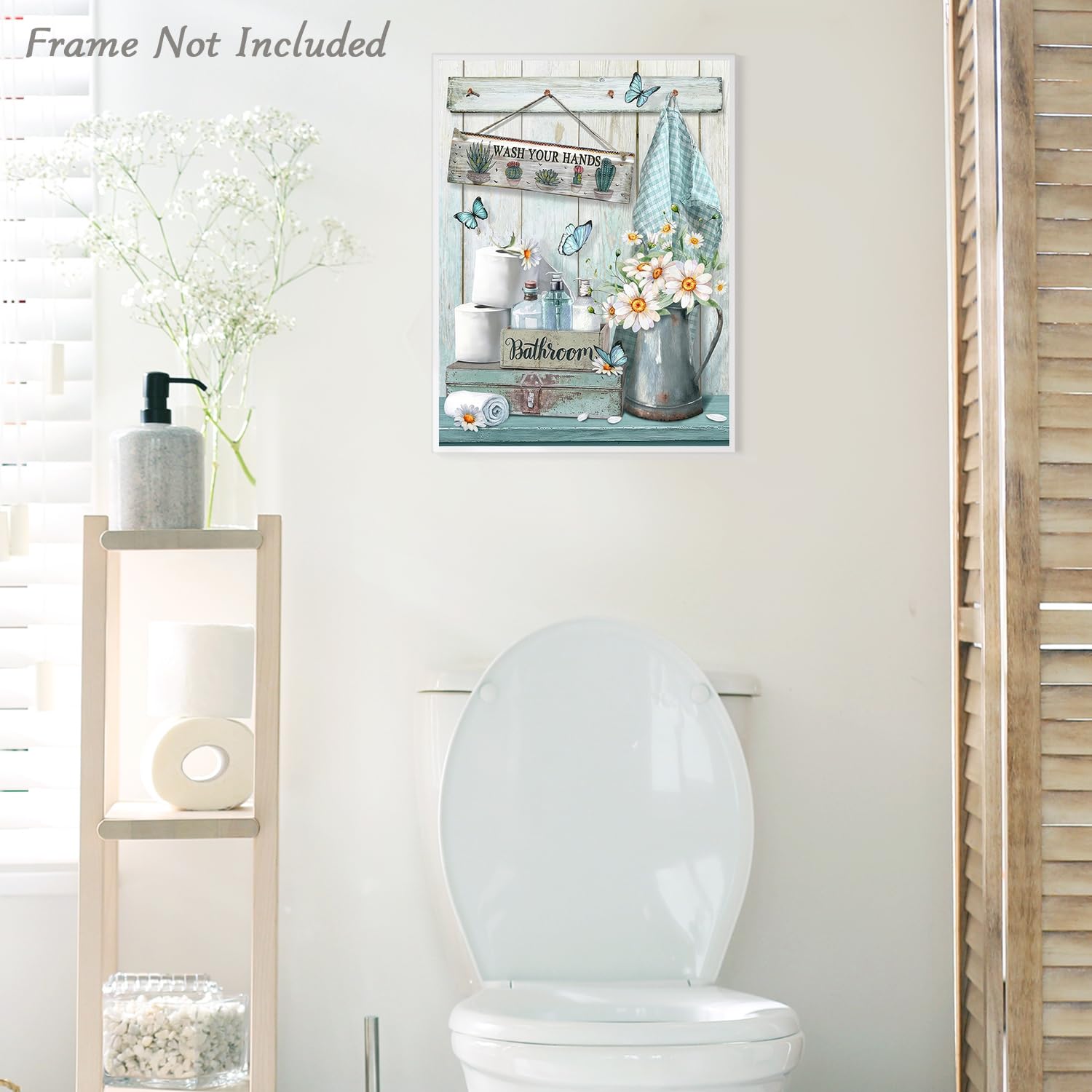 Dazzlewall Farmhouse Bathroom Decor Wall Art Rustic Teal Flower and Butterfly Pictures Wash Your Hands Sign Artwork for Bathroom 12x16 in Unframed 5