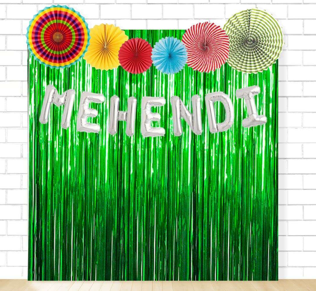 Untumble Mehendi Ceremony Decoration Kit | Mehendi Decoration Items for Home With 6x6 feet Dark Green Foil Curtain, 6 Multicolor Paperfans & "M" "E" "H" "E" "N" "D" "I" Foil Balloons | Pack of 14 1