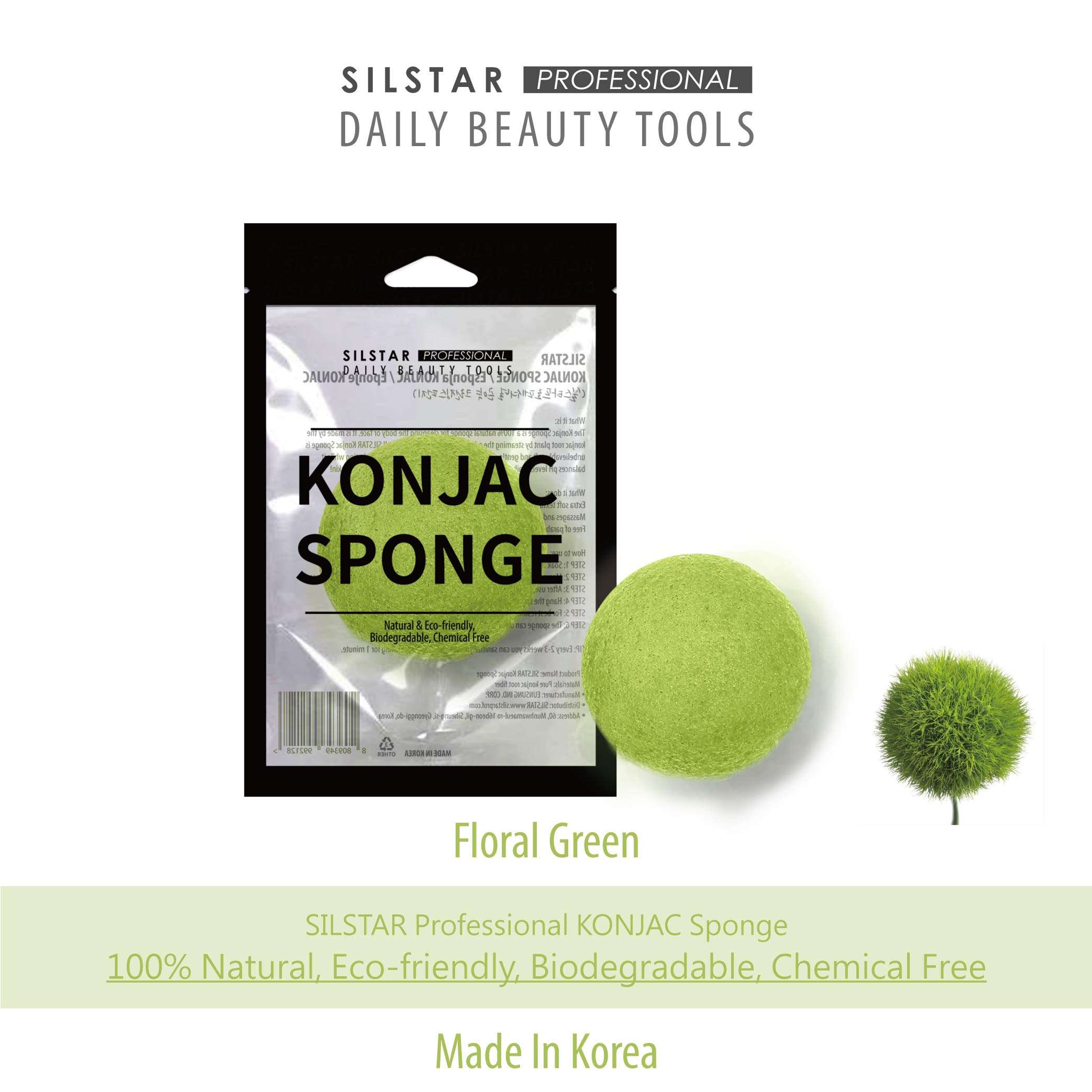 SILSTAR PROFESSIONAL KONJAC Sponge Facial Sponge Bath Sponge Amazing Cleansing for Dry OR Mature Skin - Floral Green 3