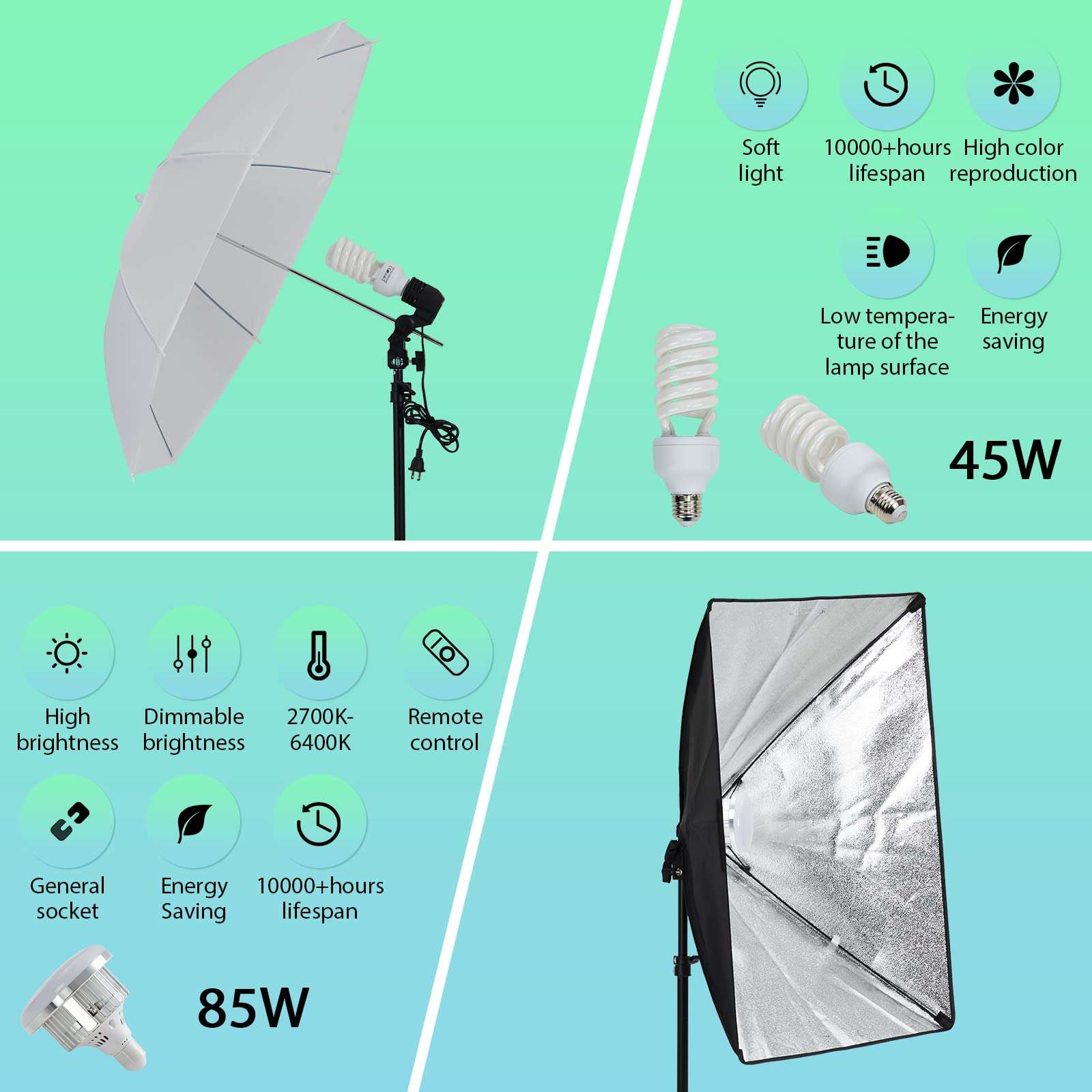 Photography Lighting kit with Backdrops, 8.5ftx10ft Backdrop Stand, 5 Tripod Stands and Bulb, Umbrella Softbox Continuous Lighting, Photo Studio Equipment for Portrait Product Photo Shoot 4