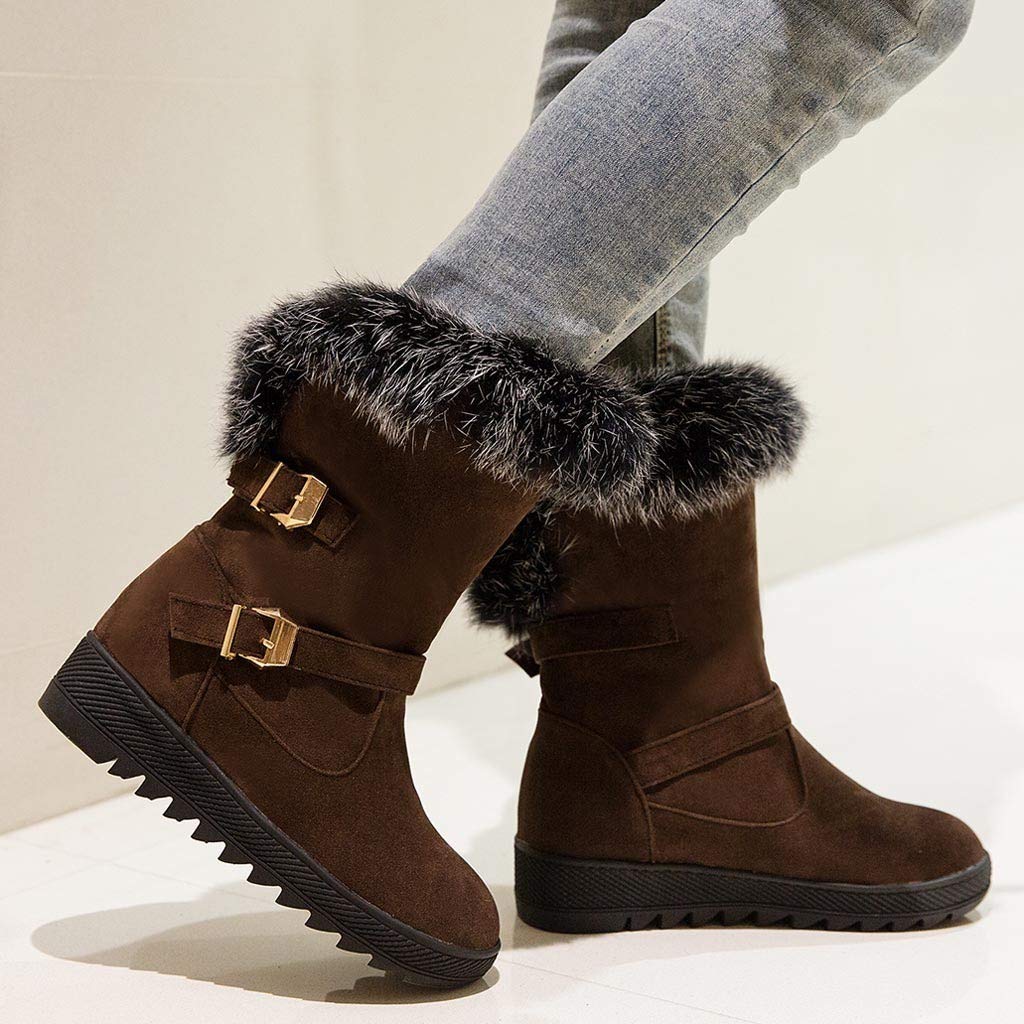 Women's Snow Boots,WUAI Winter Shoes Warm Fur Lining Waterproof Mid Calf Lightweight Snow Booties(Brown,US 8/CN 39) 3