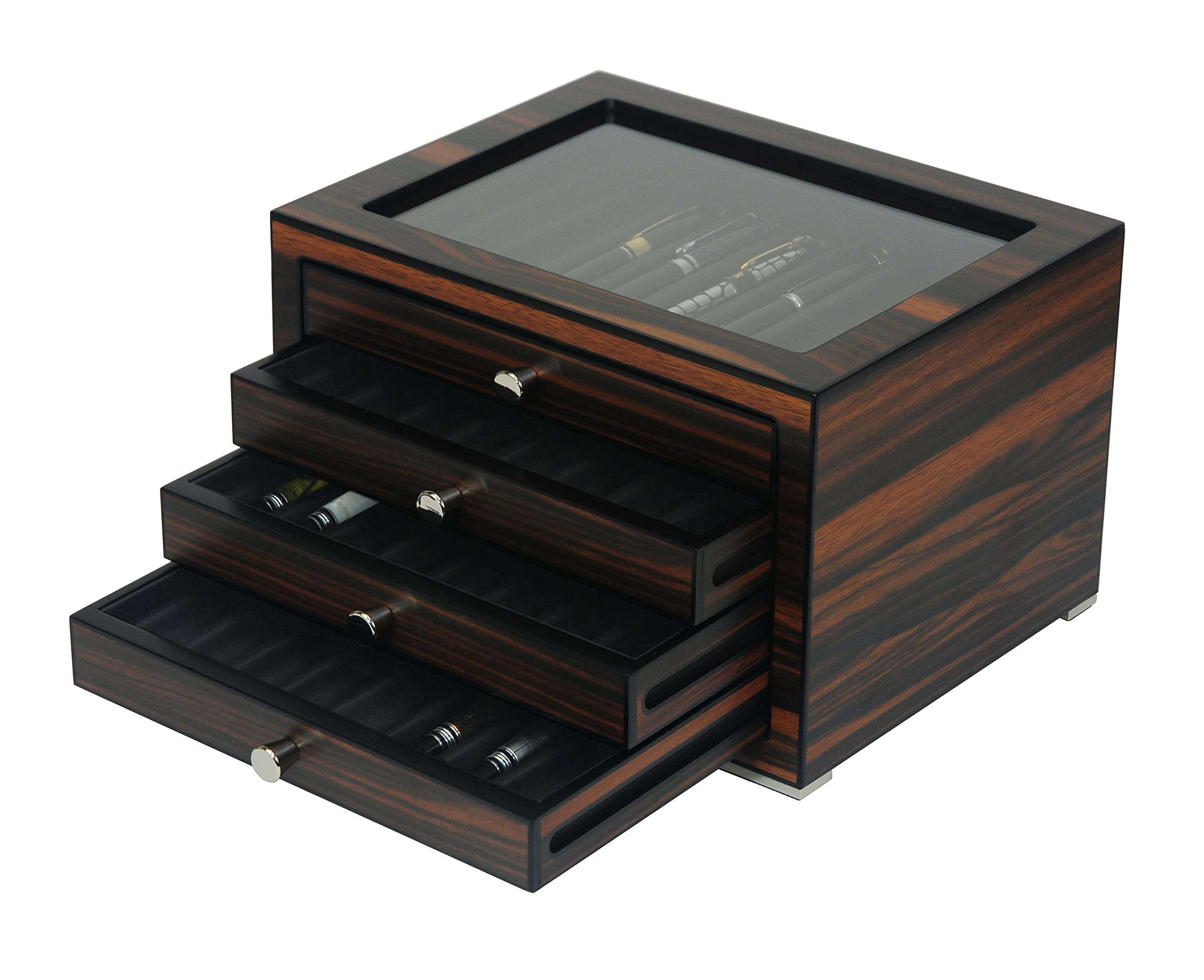 Lifomenz Co Stackable Wooden Display Case with Drawer – Slot Ebony Pen Cabinet, Luxury Fountain Pen Storage Box with Glass Window for Collection (2) 1