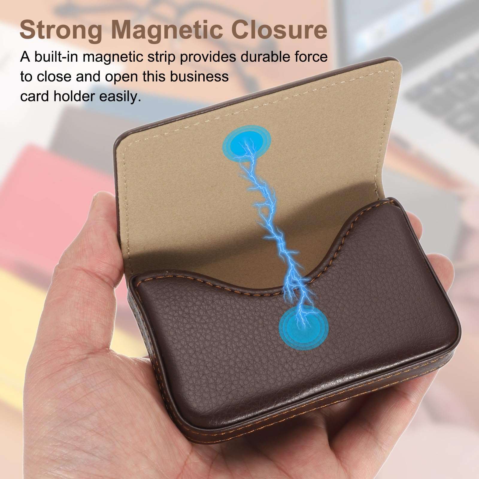 uxcell Business Card Holder, PU Leather Business Card Case Pocket Business Name Card Holder with Magnetic Shut for Men and Women, Dark Brown 4