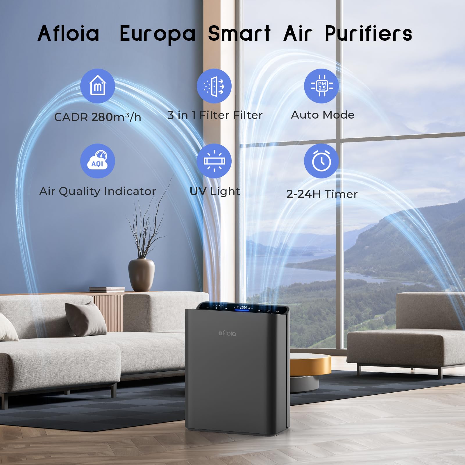 Afloia Air Purifiers for Bedroom - Air Purifiers for Home Large Room Up to 1280Ft², 3-Stage Filter with Laser Air Quality Sensor for Pets Hair Dander Pollen Allergies Dust Mold Odor Smoke, Grey 3