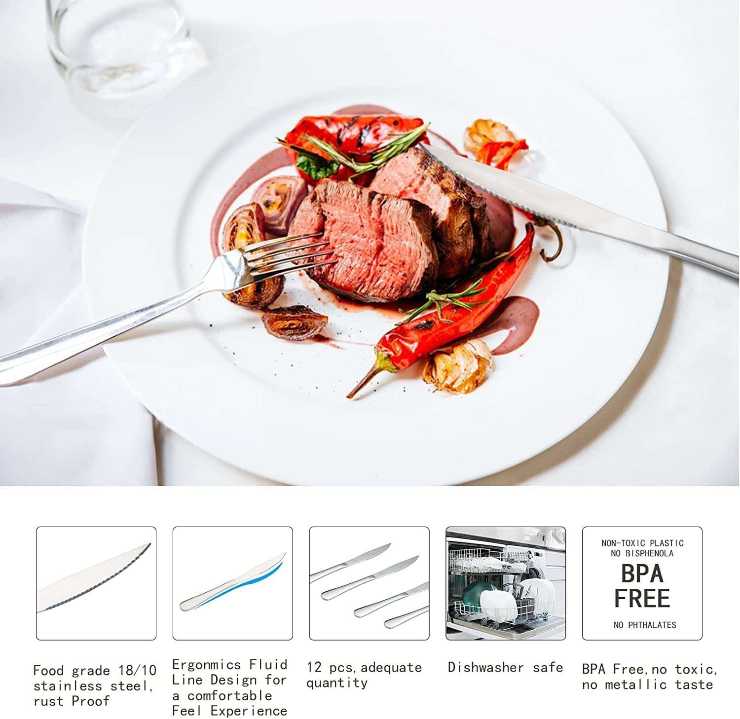 VishList 6 Pieces Stainless Steel Premium Dinner Knives, Butter Knife Set, Silver, Checks Design, 21 cm 4