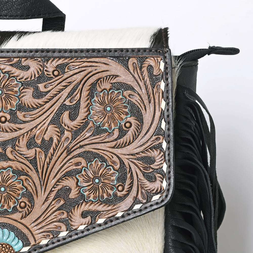 OHLAY Backpack Hand Tooled Upcycled Canvas Hair-On Genuine Leather Women Bag Western Handbag Purse | Womens Western Handbags | Leather Belt Bag for Women | Womens Handbags Summer 4