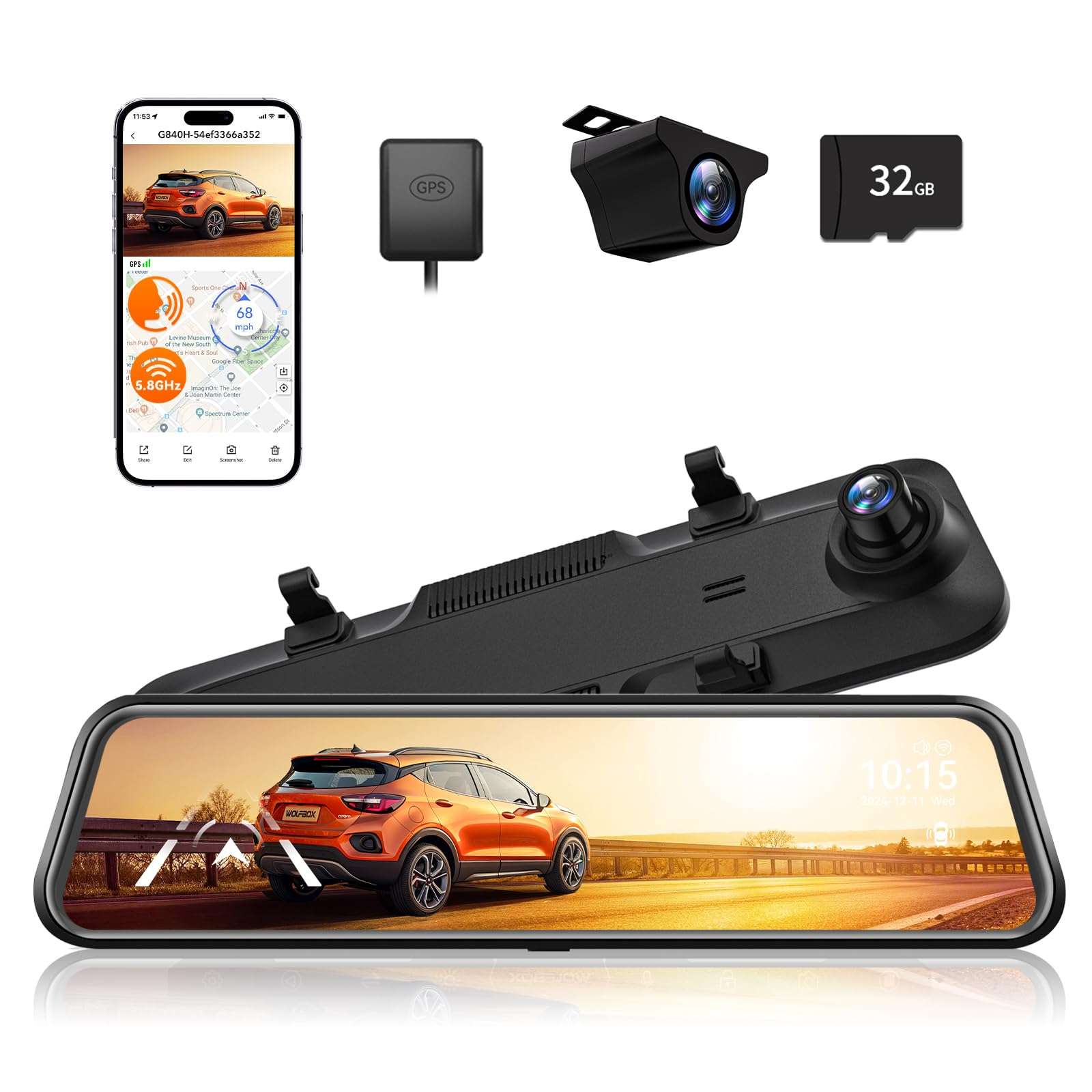 WOLFBOX G840H 12'' Mirror Dash Cam with ADAS and BSD, 2.5K Rear View Mirror Camera Front and Rear, 5.8GHz WiFi, Voice Control, Parking Monitor, Included 32GB Card & GPS, Loop Recording 1