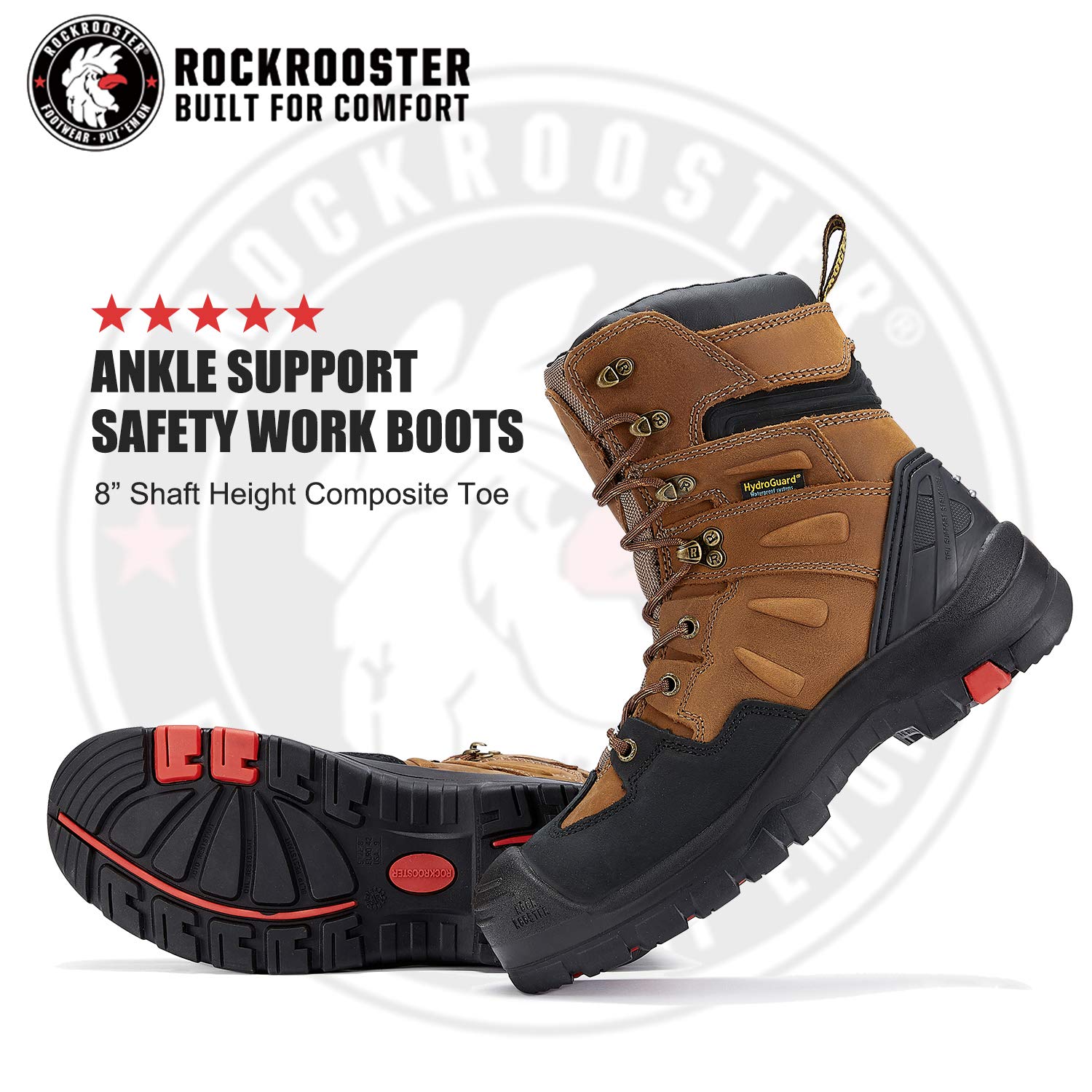 ROCKROOSTER Woodland Work Boots for Men, 8 inch Composite Toe Lace up Leather Boots, Ankle Support, Waterproof, Electric Hazard, Non-Slip(AK869, Size 14) 2